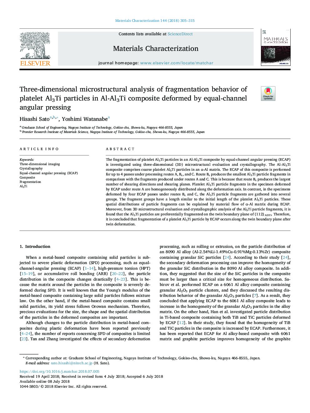 Three-dimensional microstructural analysis of fragmentation behavior of platelet Al3Ti particles in Al-Al3Ti composite deformed by equal-channel angular pressing