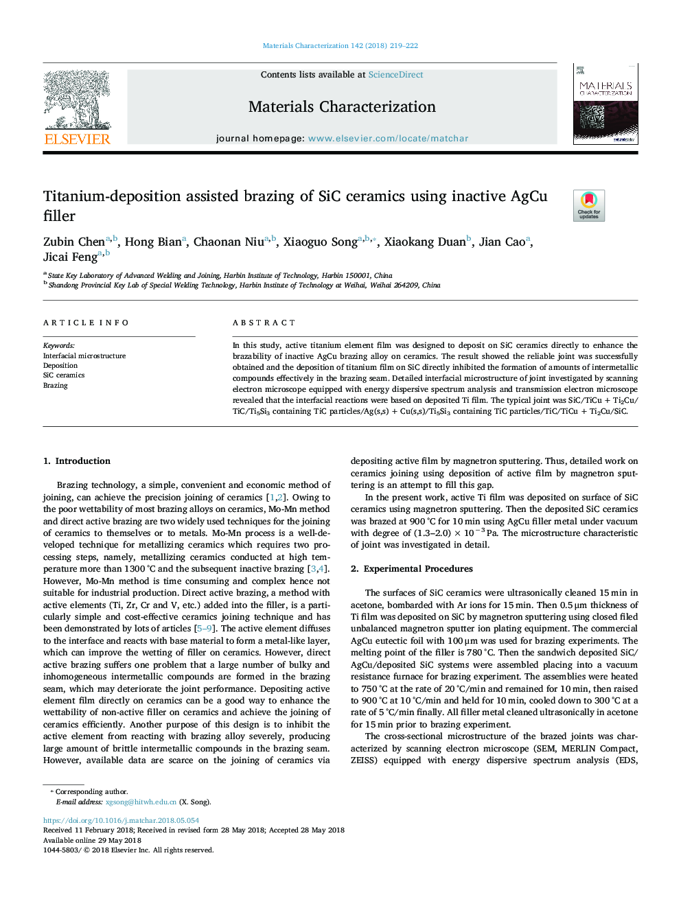 Titanium-deposition assisted brazing of SiC ceramics using inactive AgCu filler