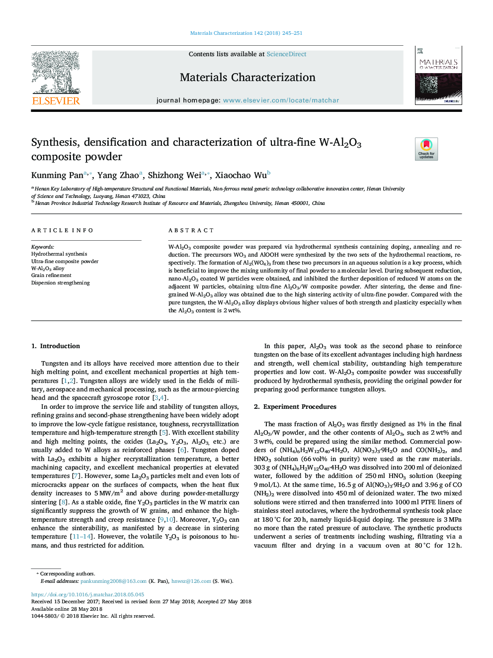 Synthesis, densification and characterization of ultra-fine W-Al2O3 composite powder