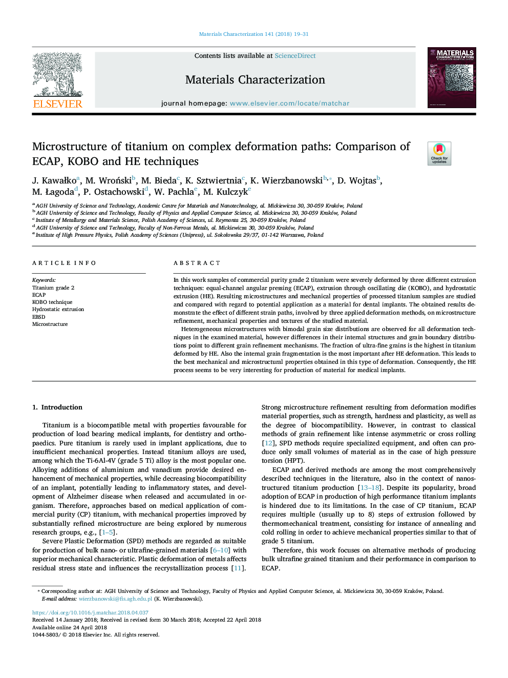 Microstructure of titanium on complex deformation paths: Comparison of ECAP, KOBO and HE techniques