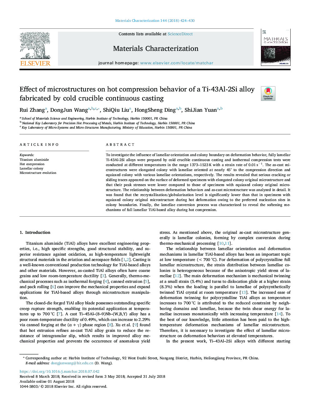 Effect of microstructures on hot compression behavior of a Ti-43Al-2Si alloy fabricated by cold crucible continuous casting