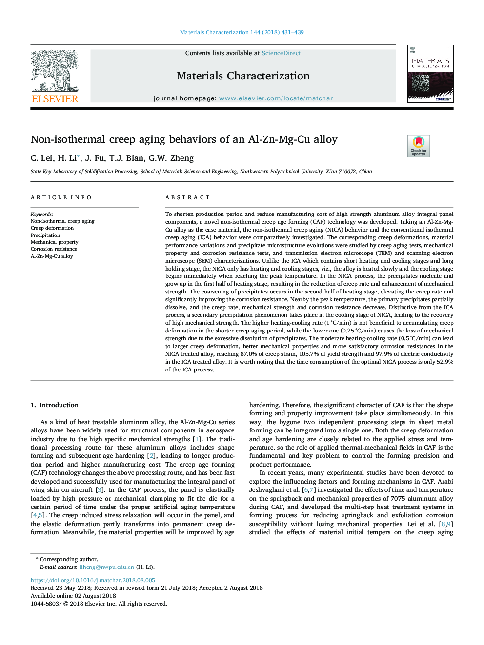 Non-isothermal creep aging behaviors of an Al-Zn-Mg-Cu alloy