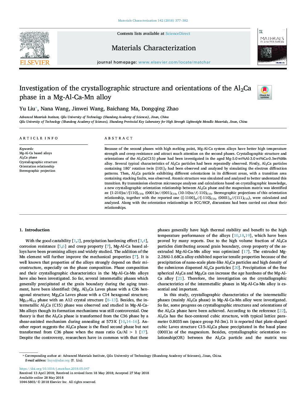 Investigation of the crystallographic structure and orientations of the Al2Ca phase in a Mg-Al-Ca-Mn alloy