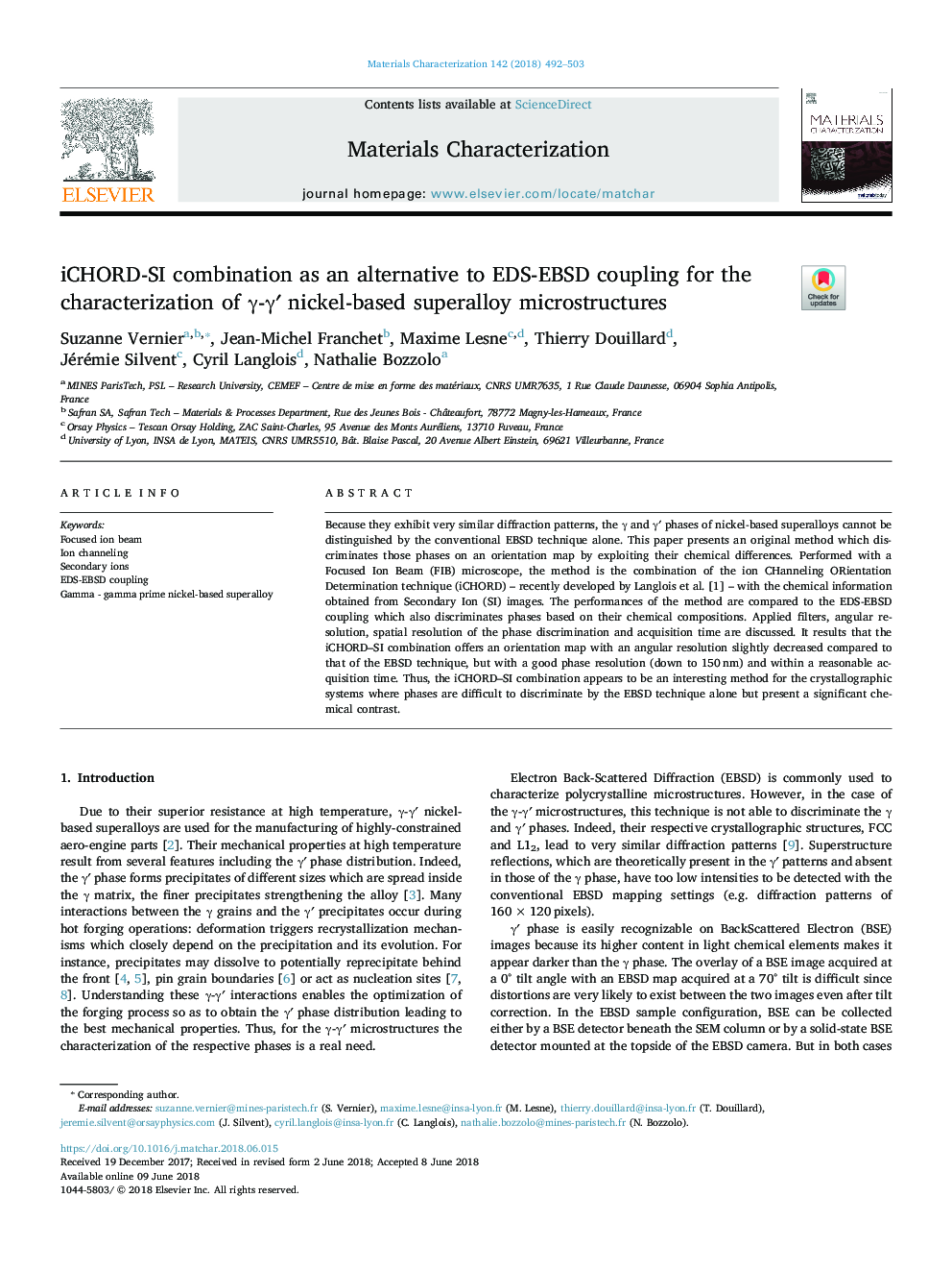 iCHORD-SI combination as an alternative to EDS-EBSD coupling for the characterization of Î³-Î³â² nickel-based superalloy microstructures