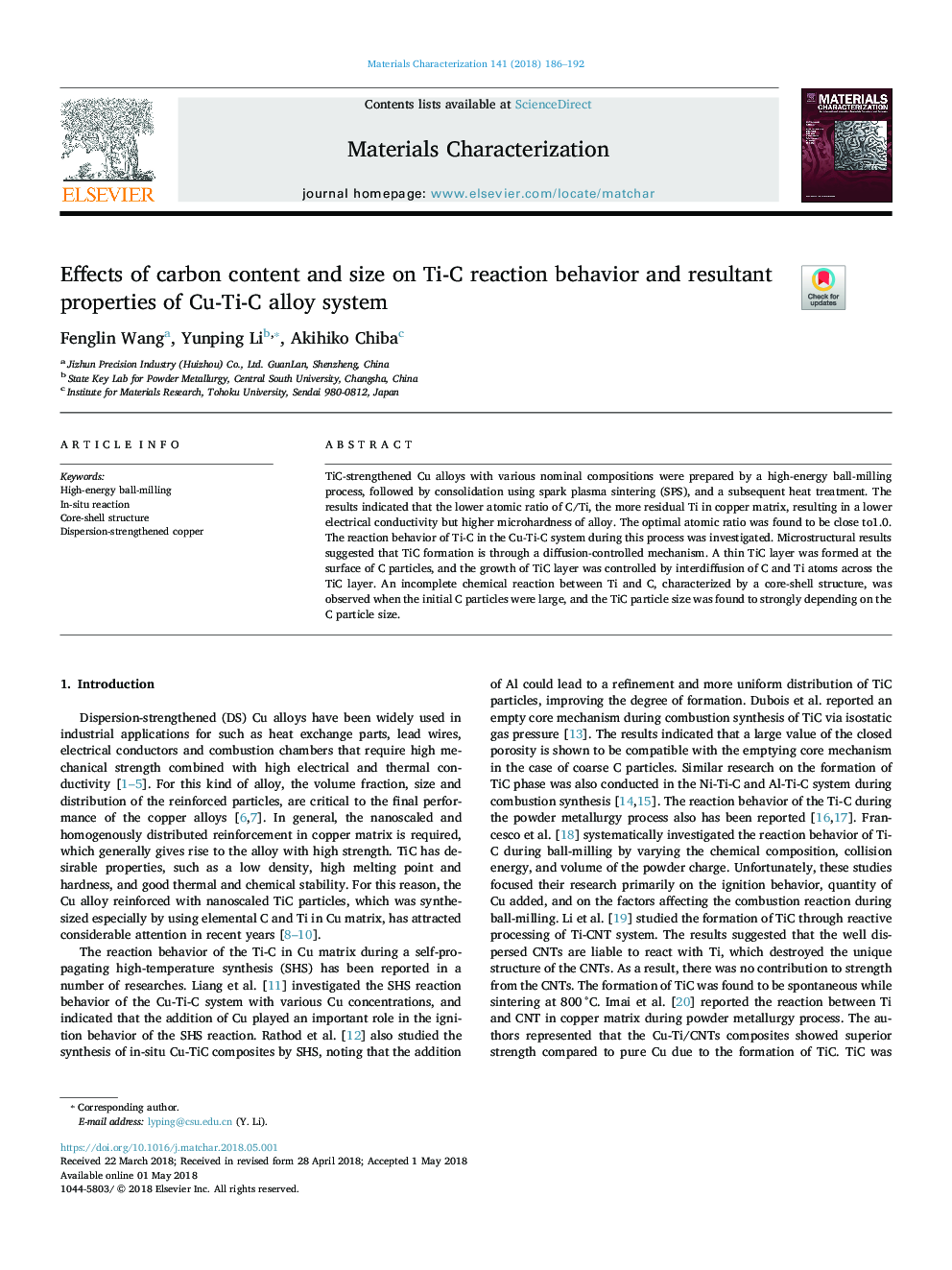 Effects of carbon content and size on Ti-C reaction behavior and resultant properties of Cu-Ti-C alloy system