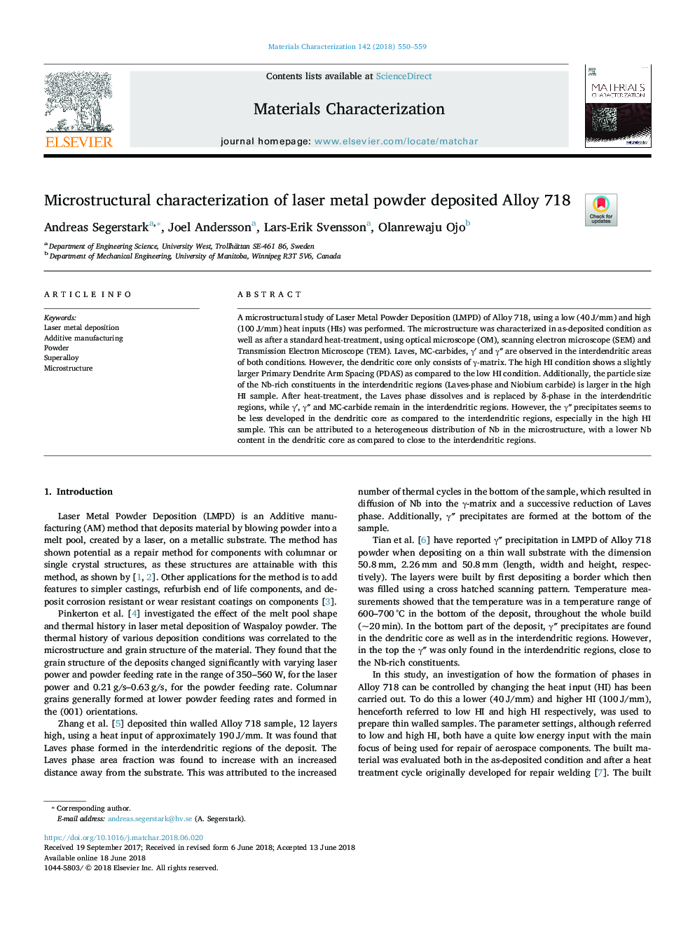 Microstructural characterization of laser metal powder deposited Alloy 718