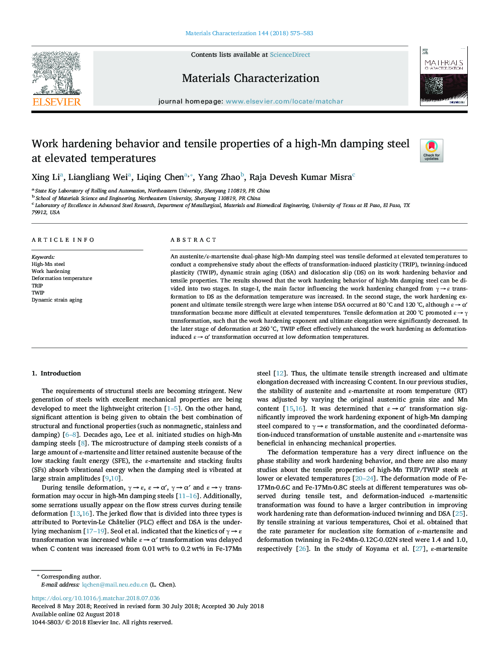 Work hardening behavior and tensile properties of a high-Mn damping steel at elevated temperatures