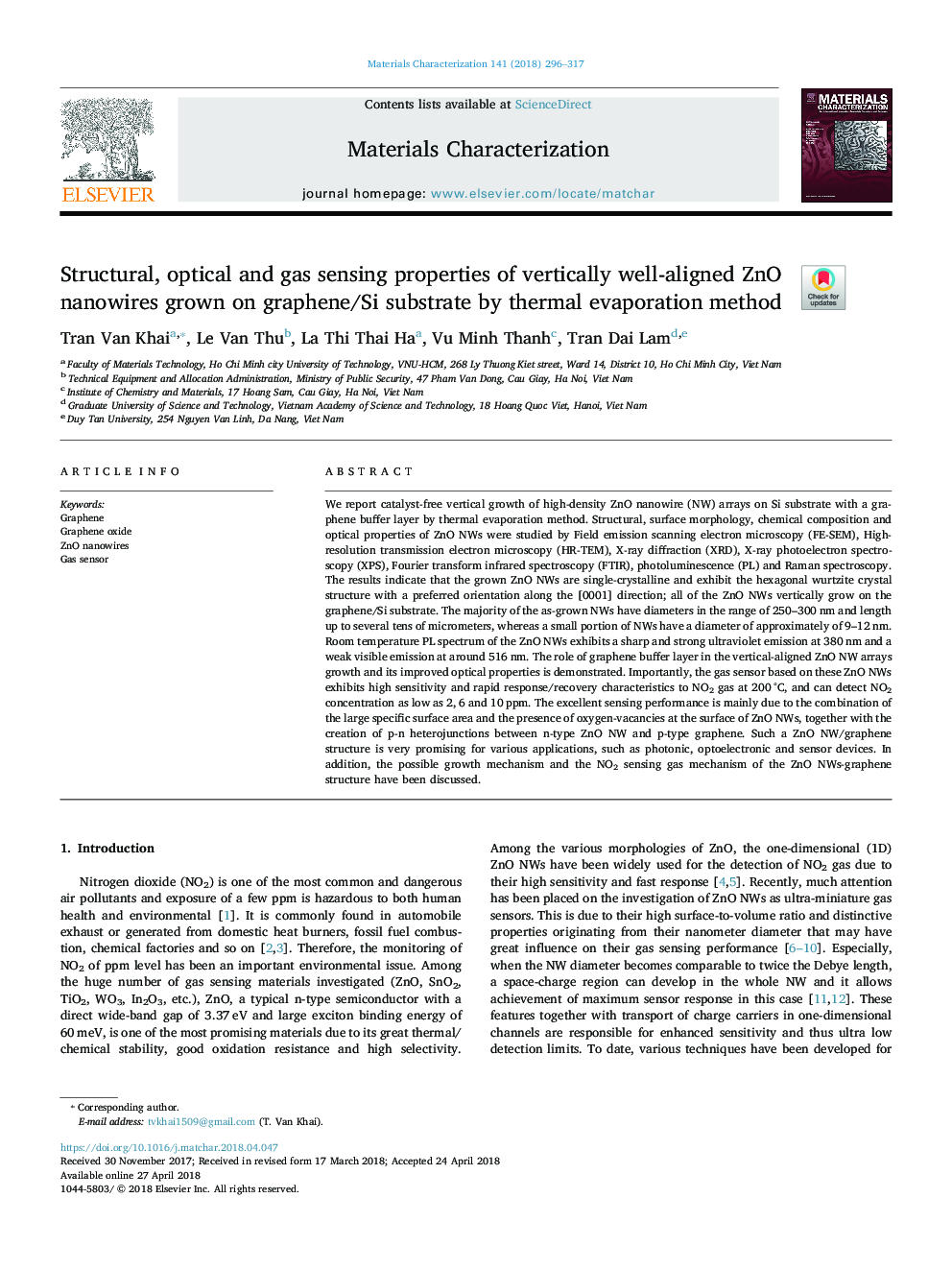 Structural, optical and gas sensing properties of vertically well-aligned ZnO nanowires grown on graphene/Si substrate by thermal evaporation method