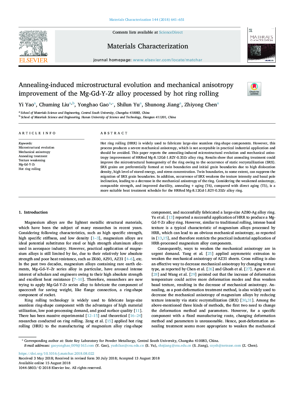 Annealing-induced microstructural evolution and mechanical anisotropy improvement of the Mg-Gd-Y-Zr alloy processed by hot ring rolling