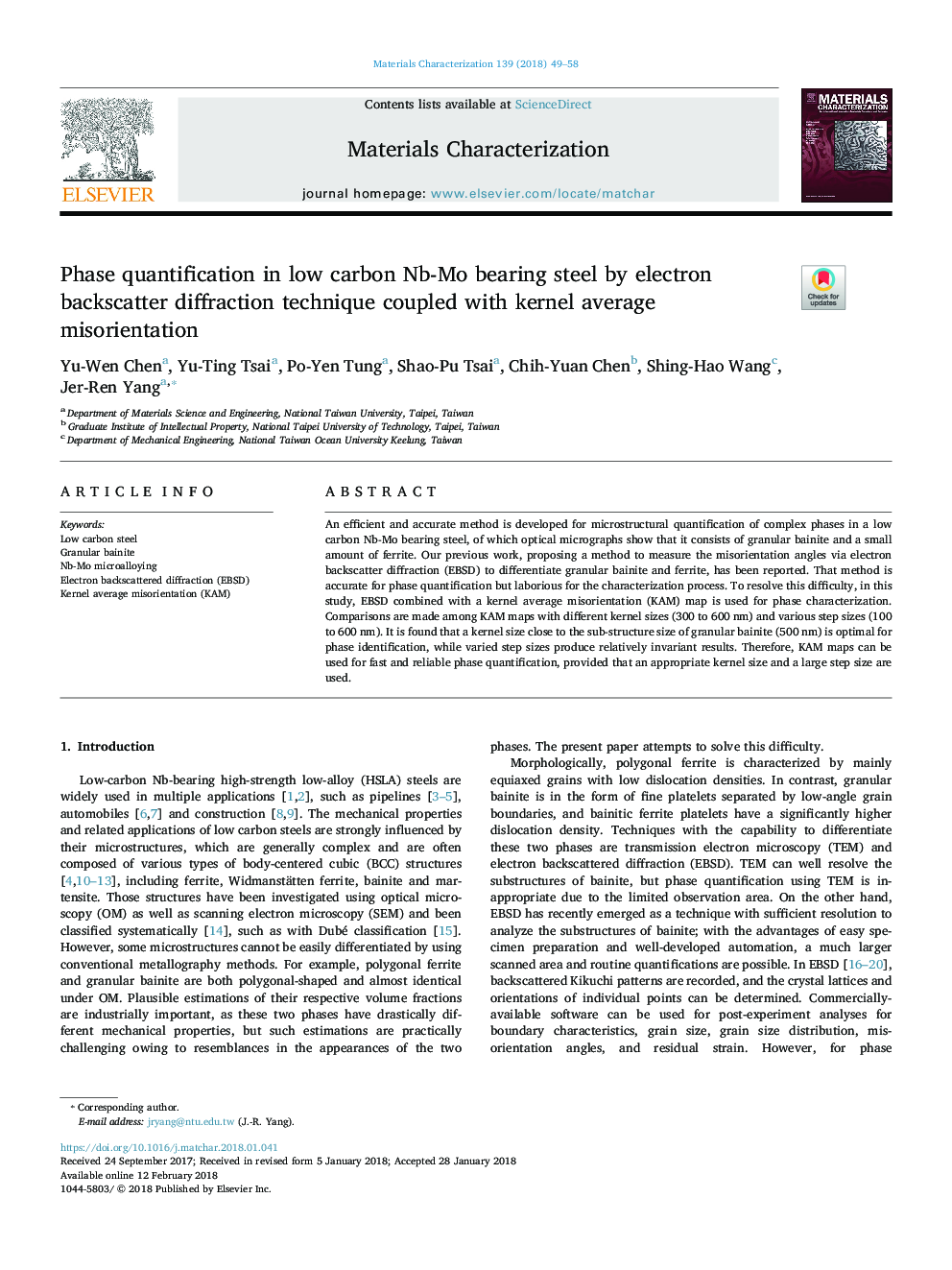 Phase quantification in low carbon Nb-Mo bearing steel by electron backscatter diffraction technique coupled with kernel average misorientation