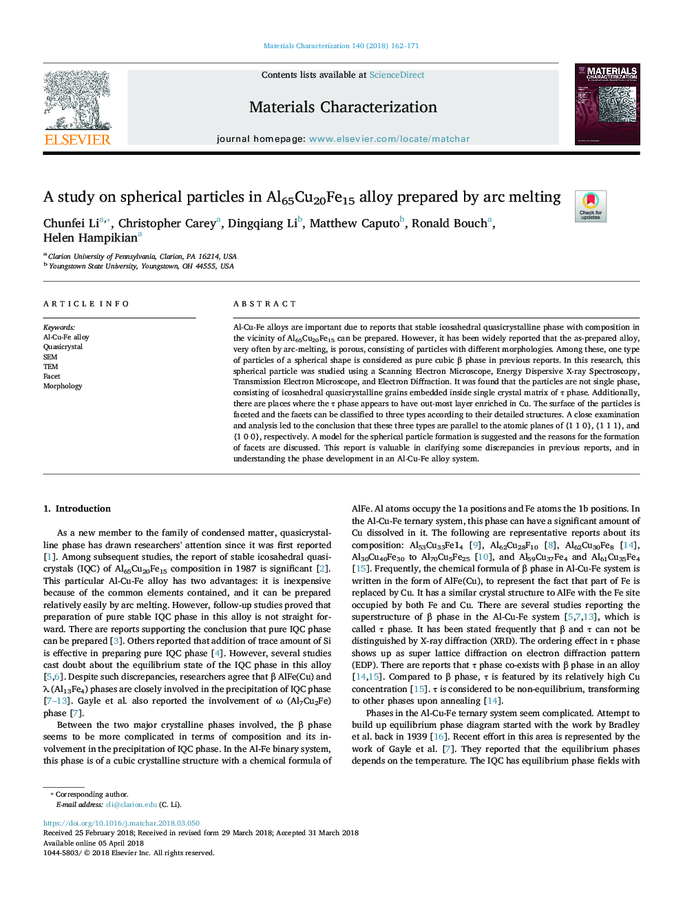 A study on spherical particles in Al65Cu20Fe15 alloy prepared by arc melting