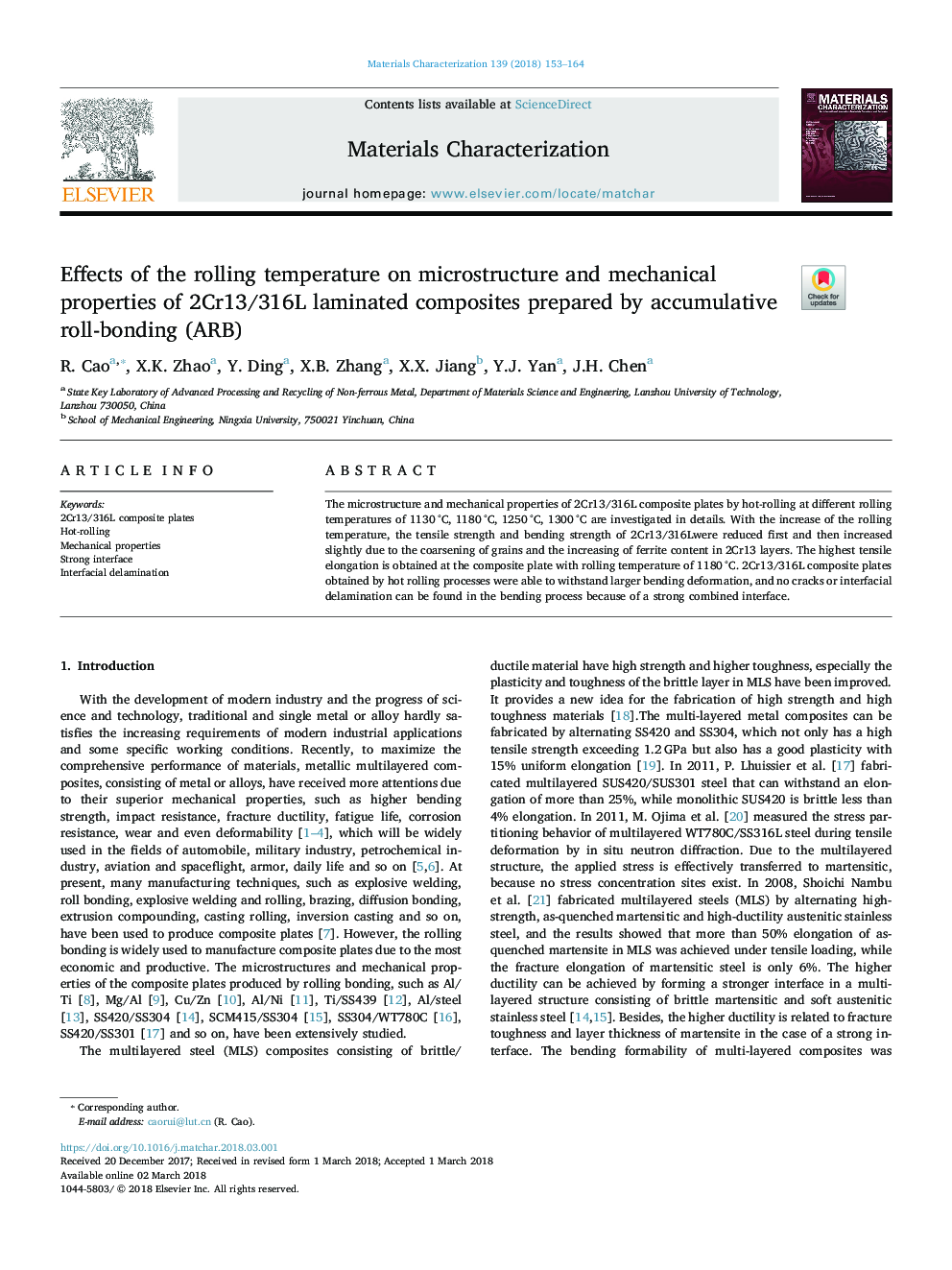 Effects of the rolling temperature on microstructure and mechanical properties of 2Cr13/316L laminated composites prepared by accumulative roll-bonding (ARB)