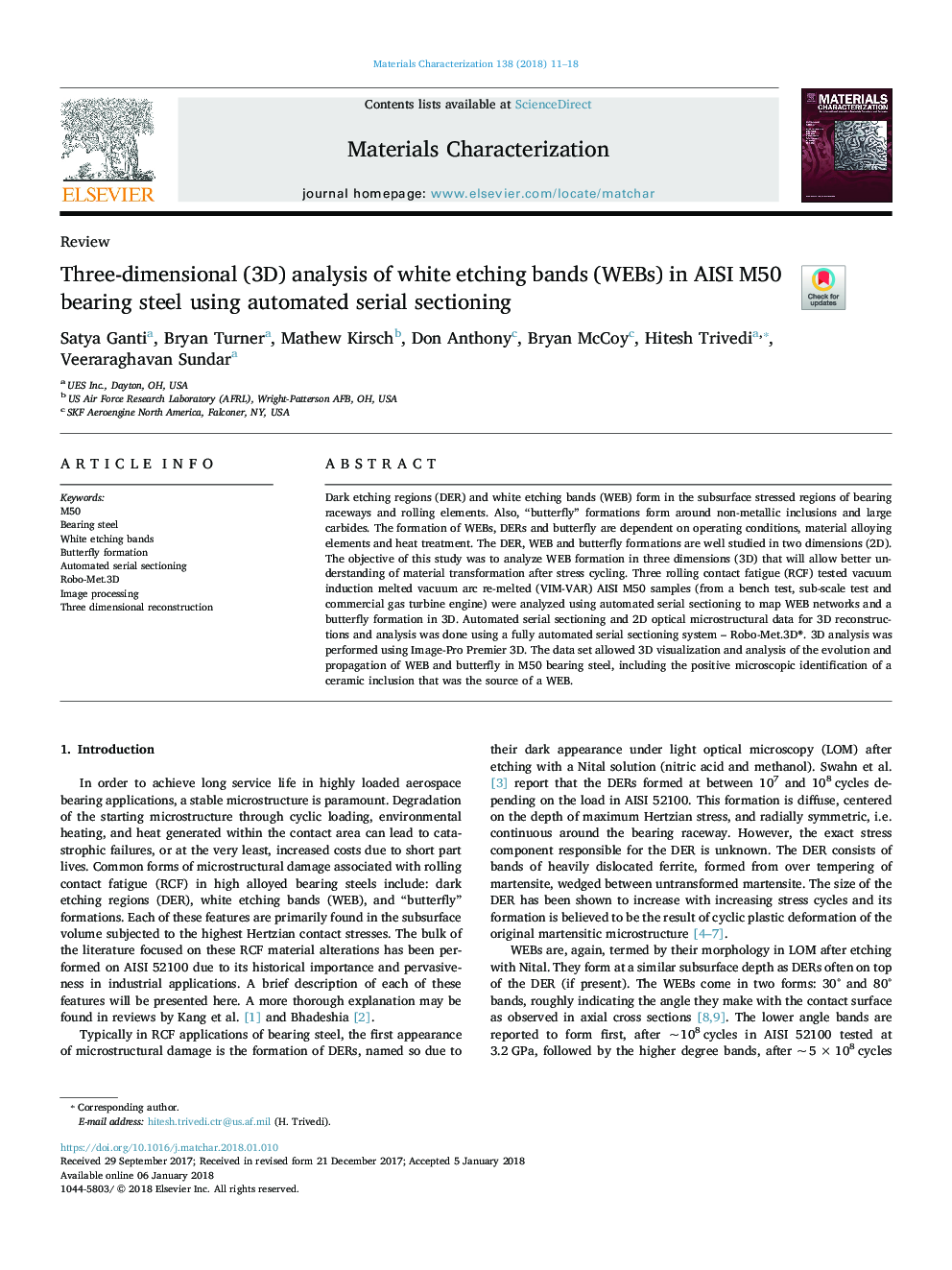 Three-dimensional (3D) analysis of white etching bands (WEBs) in AISI M50 bearing steel using automated serial sectioning