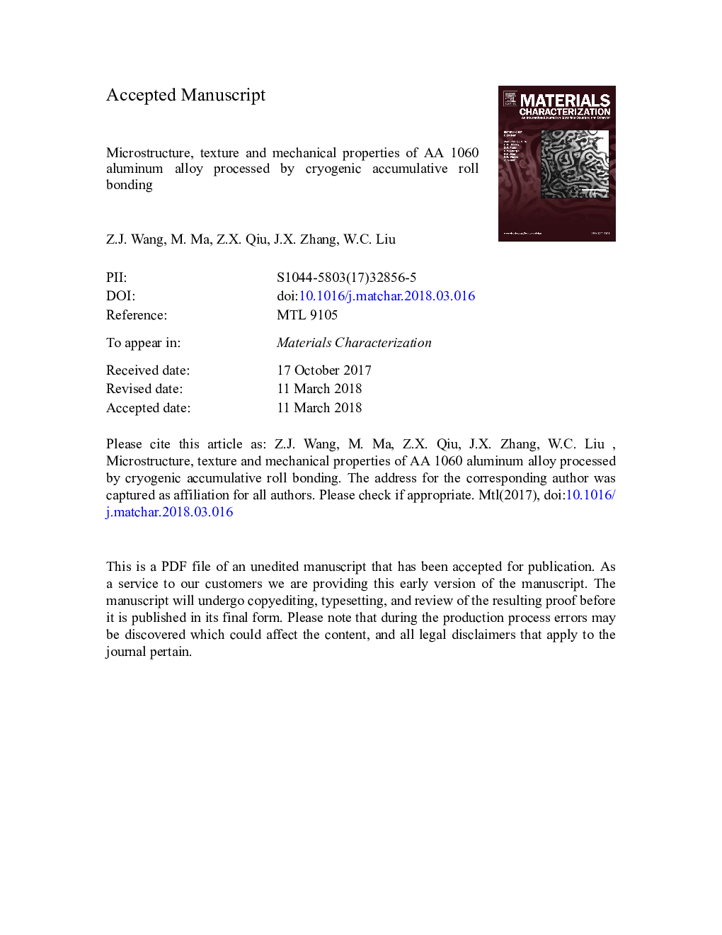 Microstructure, texture and mechanical properties of AA 1060 aluminum alloy processed by cryogenic accumulative roll bonding