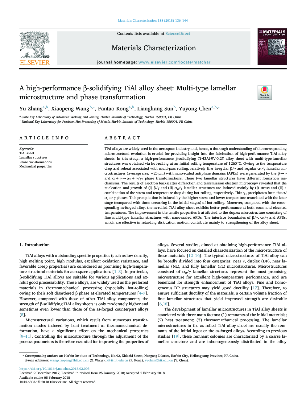 A high-performance Î²-solidifying TiAl alloy sheet: Multi-type lamellar microstructure and phase transformation