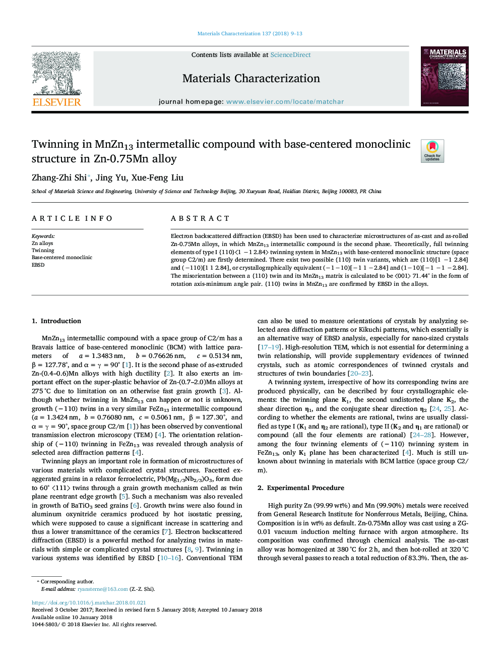 Twinning in MnZn13 intermetallic compound with base-centered monoclinic structure in Zn-0.75Mn alloy