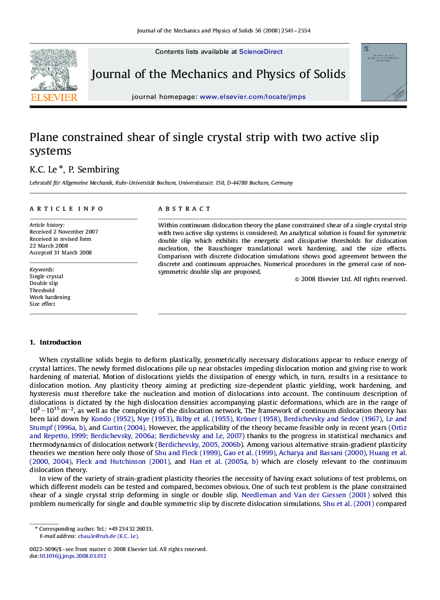 Plane constrained shear of single crystal strip with two active slip systems