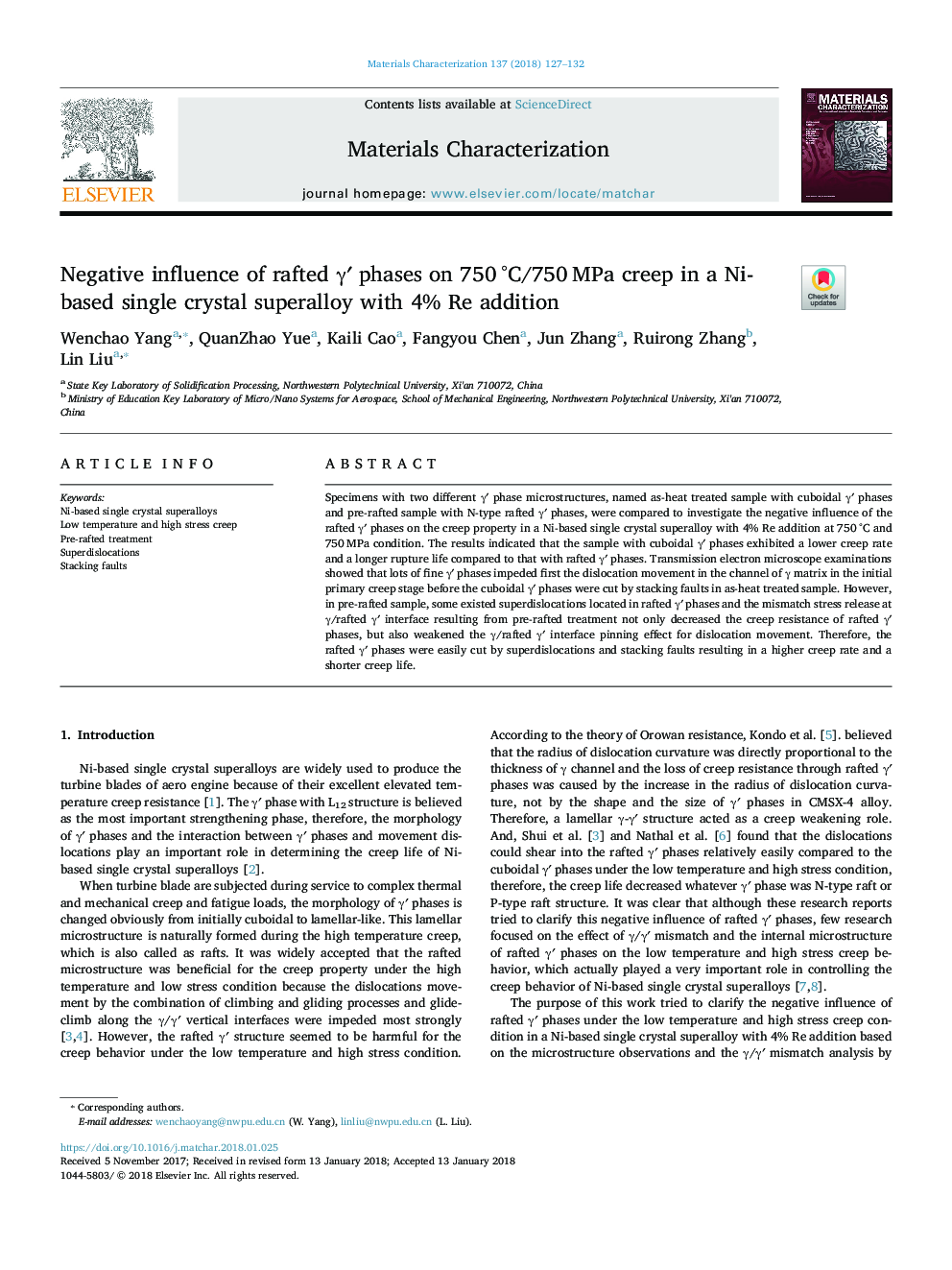 Negative influence of rafted Î³â² phases on 750â¯Â°C/750â¯MPa creep in a Ni-based single crystal superalloy with 4% Re addition