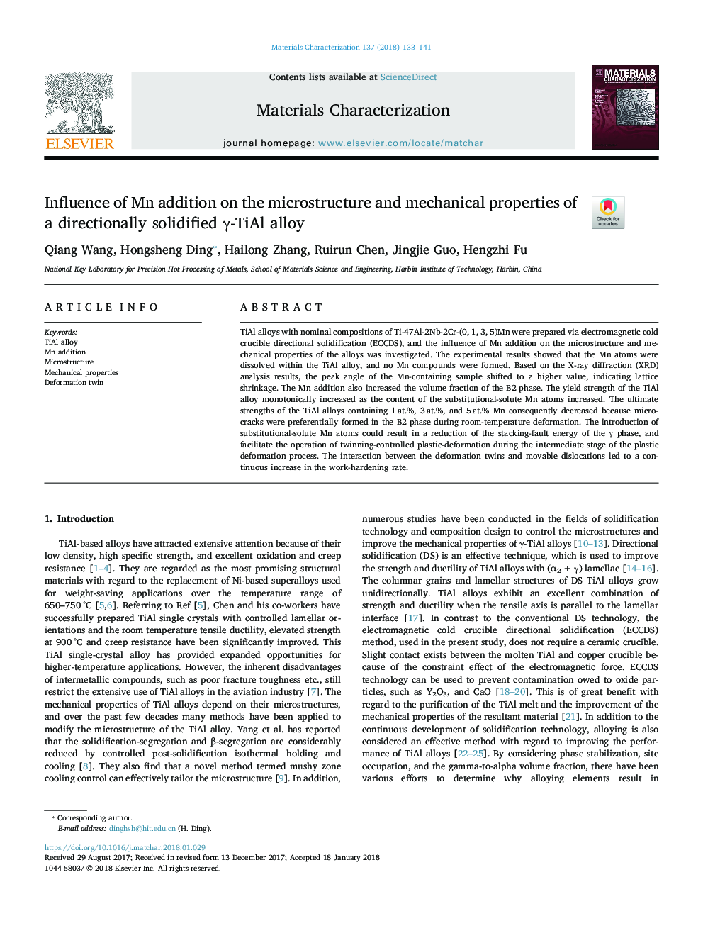 Influence of Mn addition on the microstructure and mechanical properties of a directionally solidified Î³-TiAl alloy