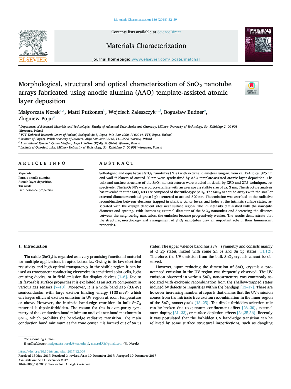 Morphological, structural and optical characterization of SnO2 nanotube arrays fabricated using anodic alumina (AAO) template-assisted atomic layer deposition