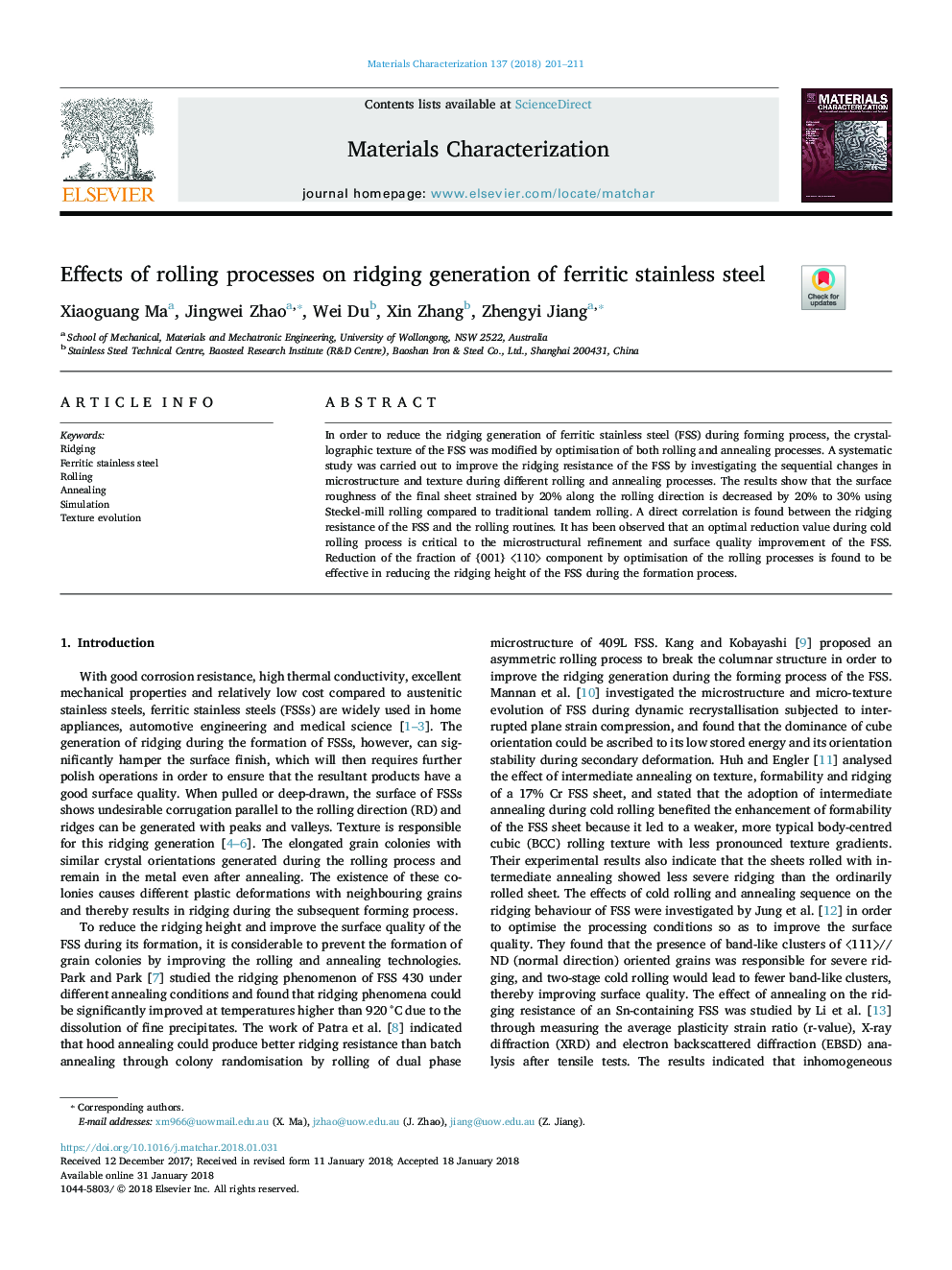 Effects of rolling processes on ridging generation of ferritic stainless steel