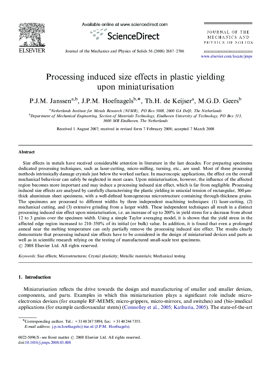 Processing induced size effects in plastic yielding upon miniaturisation
