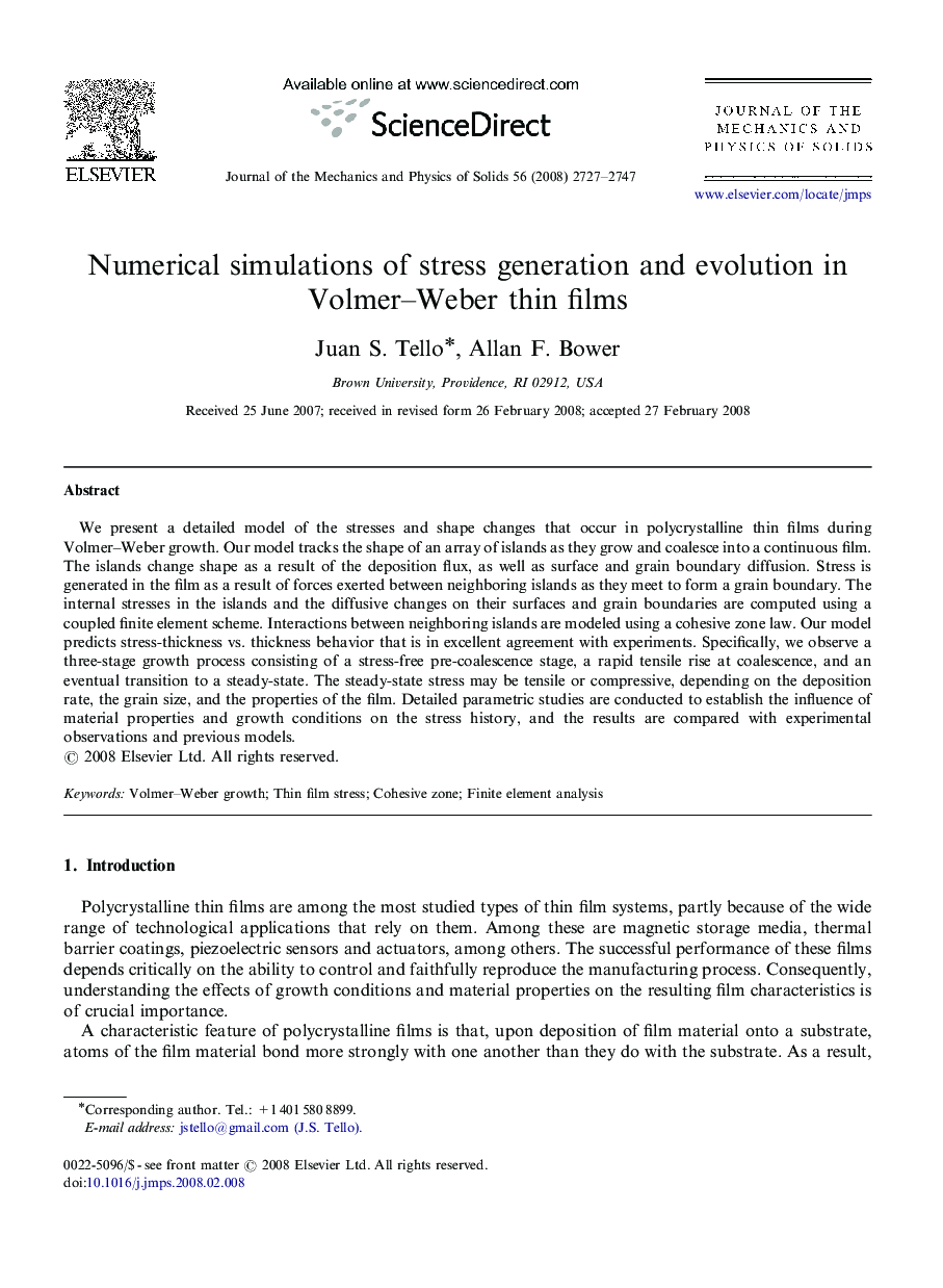 Numerical simulations of stress generation and evolution in Volmer–Weber thin films