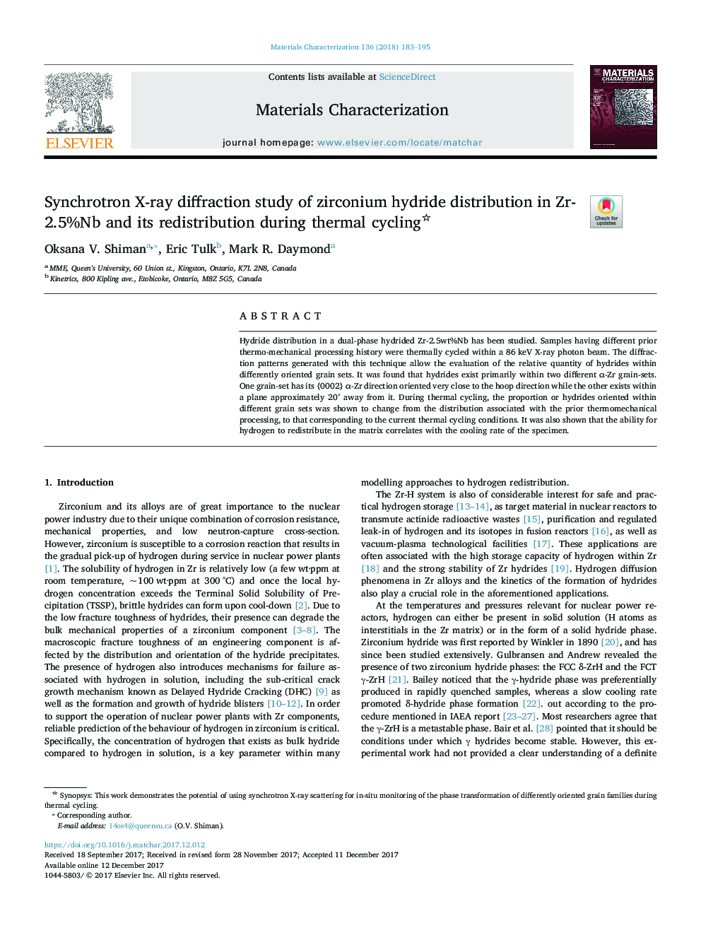 Synchrotron X-ray diffraction study of zirconium hydride distribution in Zr-2.5%Nb and its redistribution during thermal cycling