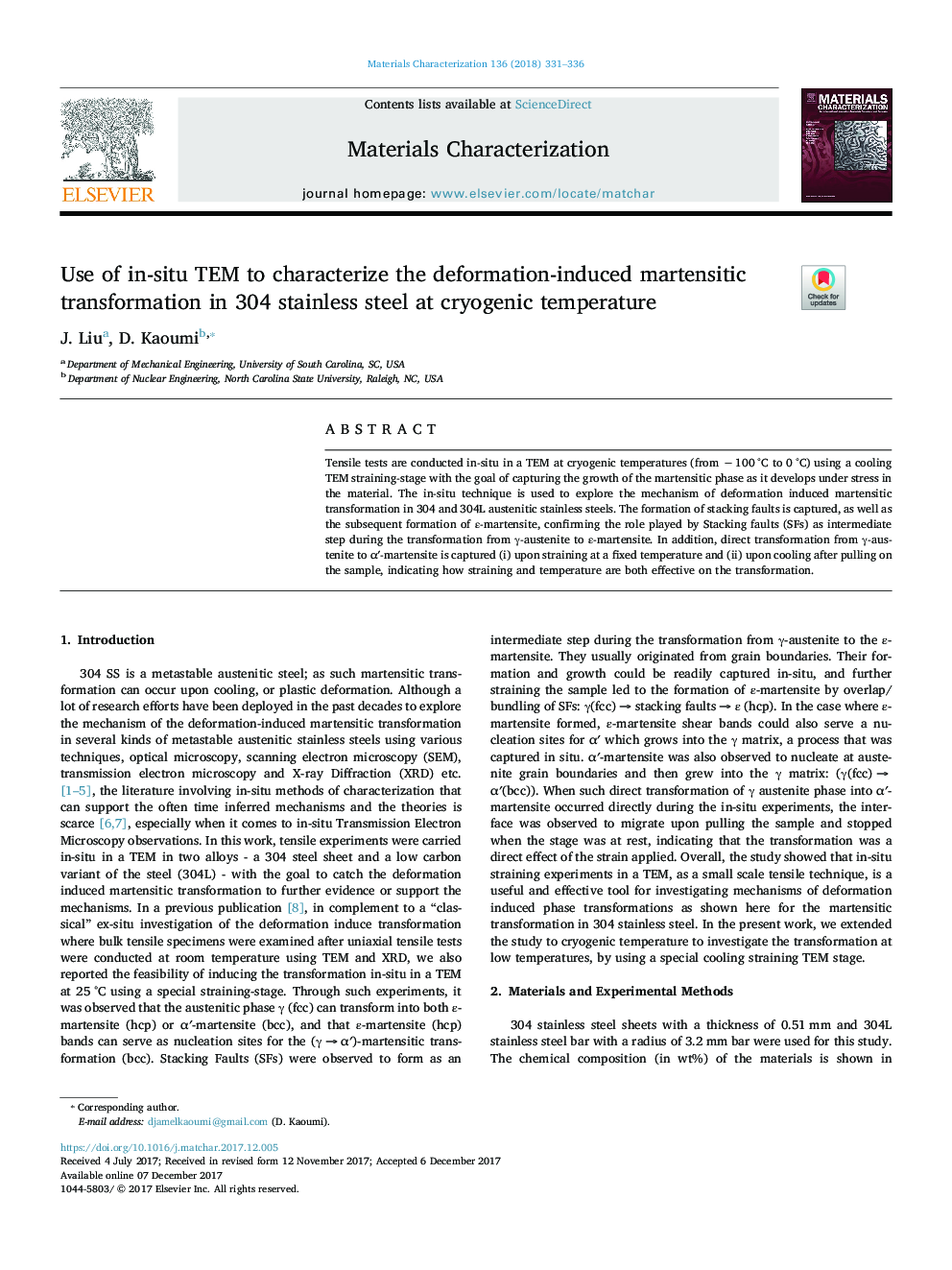 Use of in-situ TEM to characterize the deformation-induced martensitic transformation in 304 stainless steel at cryogenic temperature