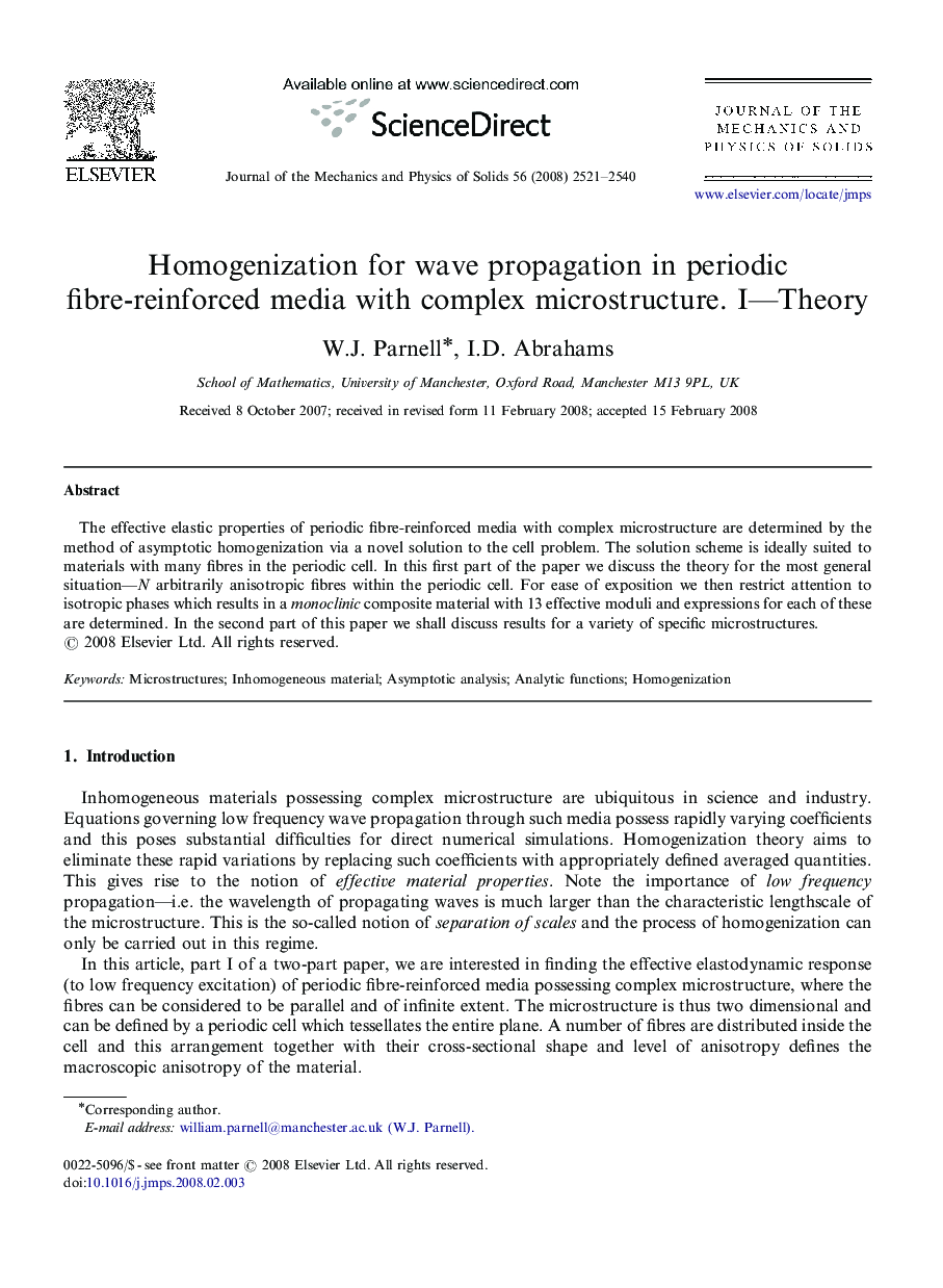 عکس صفحه اول مقاله: Homogenization for wave propagation in periodic fibre-reinforced media with complex microstructure. I—Theory Homogenization for wave propagation in periodic fibre-reinforced media with complex microstructure. I—Theory