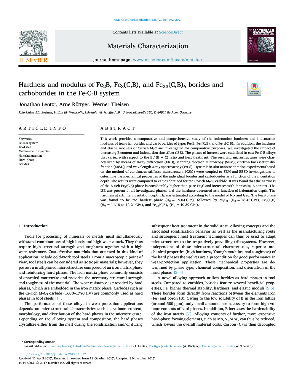 Hardness and modulus of Fe2B, Fe3(C,B), and Fe23(C,B)6 borides and carboborides in the Fe-C-B system