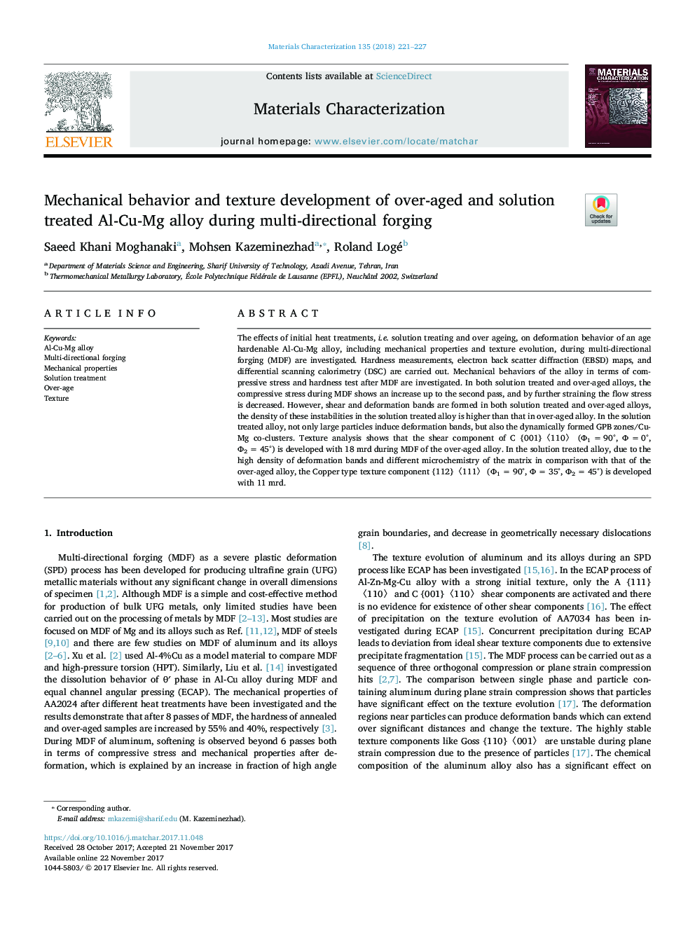 Mechanical behavior and texture development of over-aged and solution treated Al-Cu-Mg alloy during multi-directional forging