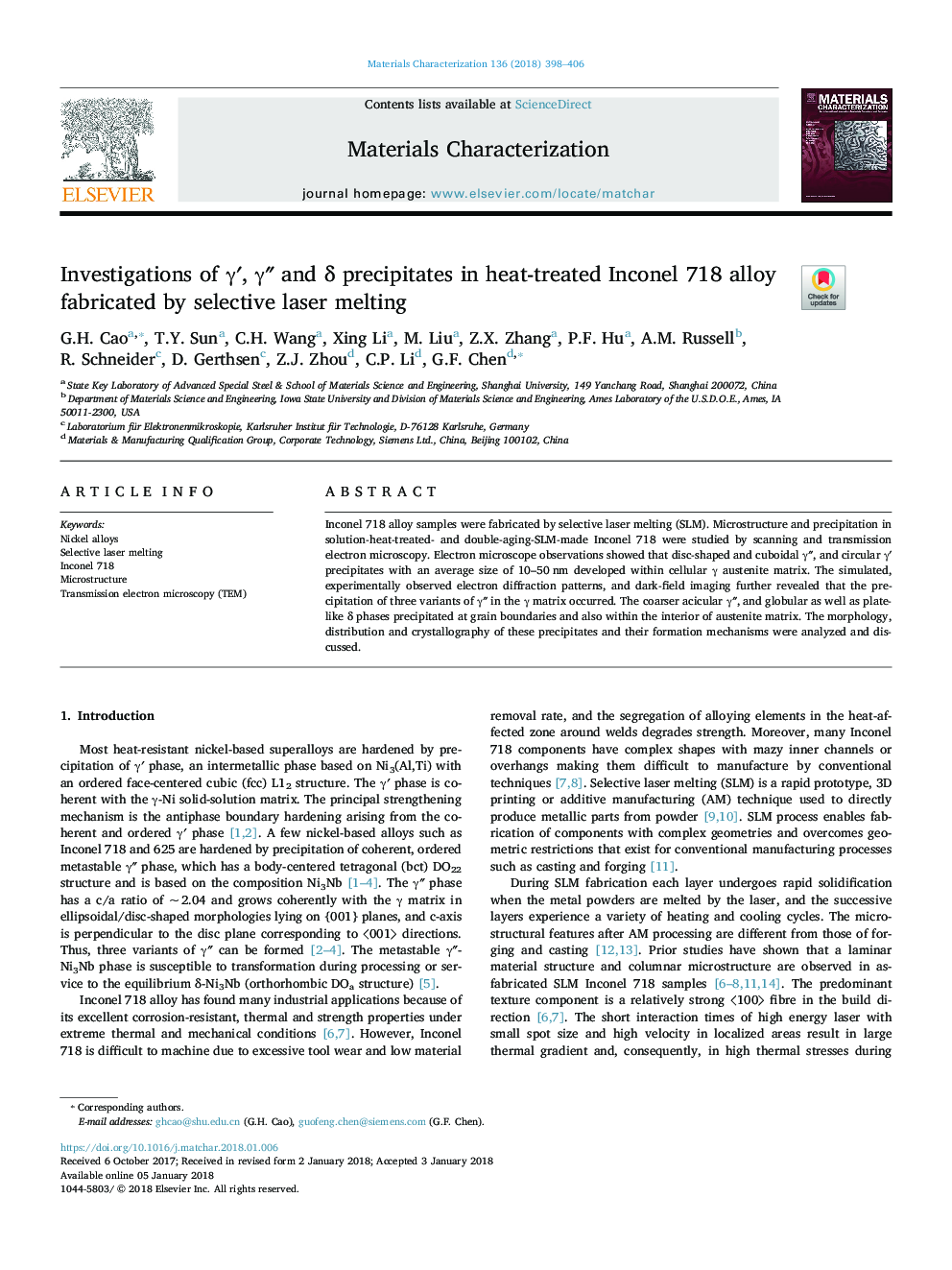 Investigations of Î³â², Î³â³ and Î´ precipitates in heat-treated Inconel 718 alloy fabricated by selective laser melting