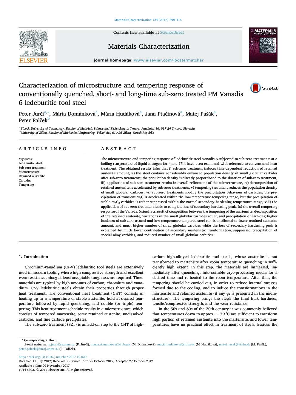 Characterization of microstructure and tempering response of conventionally quenched, short- and long-time sub-zero treated PM Vanadis 6 ledeburitic tool steel