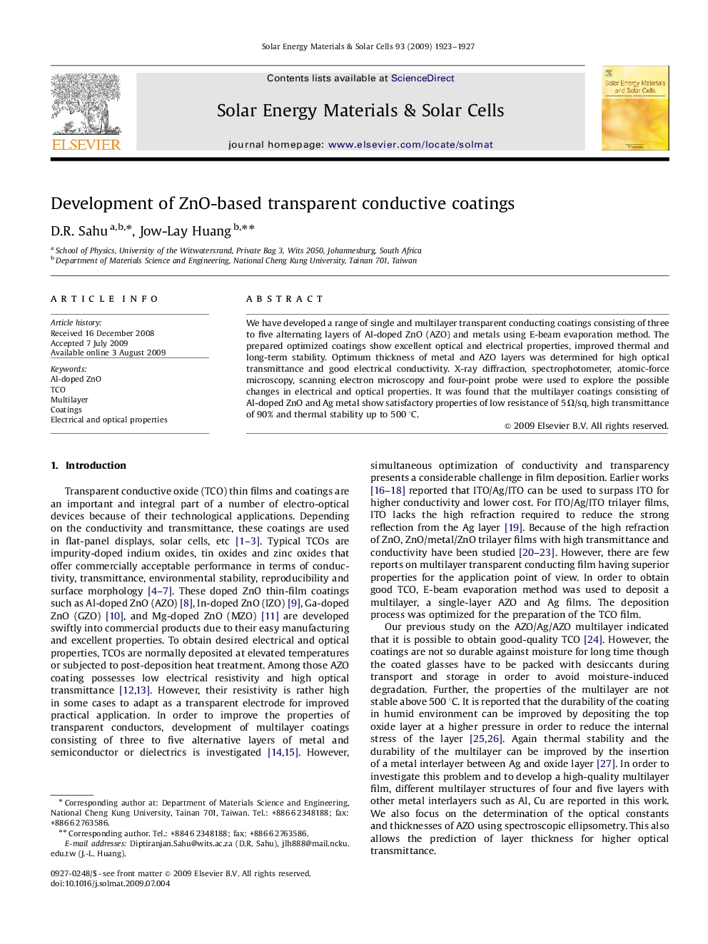 Development of ZnO-based transparent conductive coatings