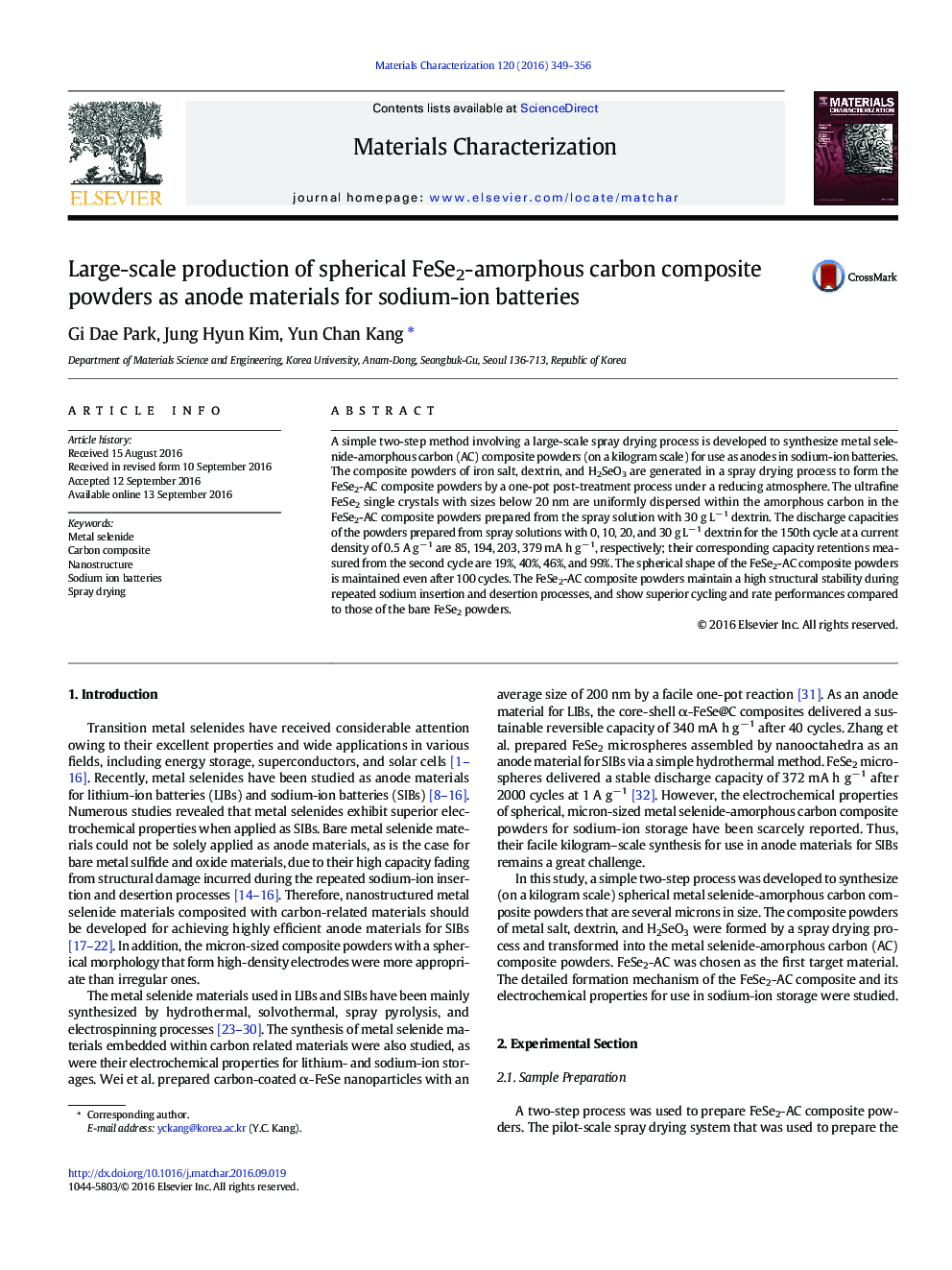 Large-scale production of spherical FeSe2-amorphous carbon composite powders as anode materials for sodium-ion batteries