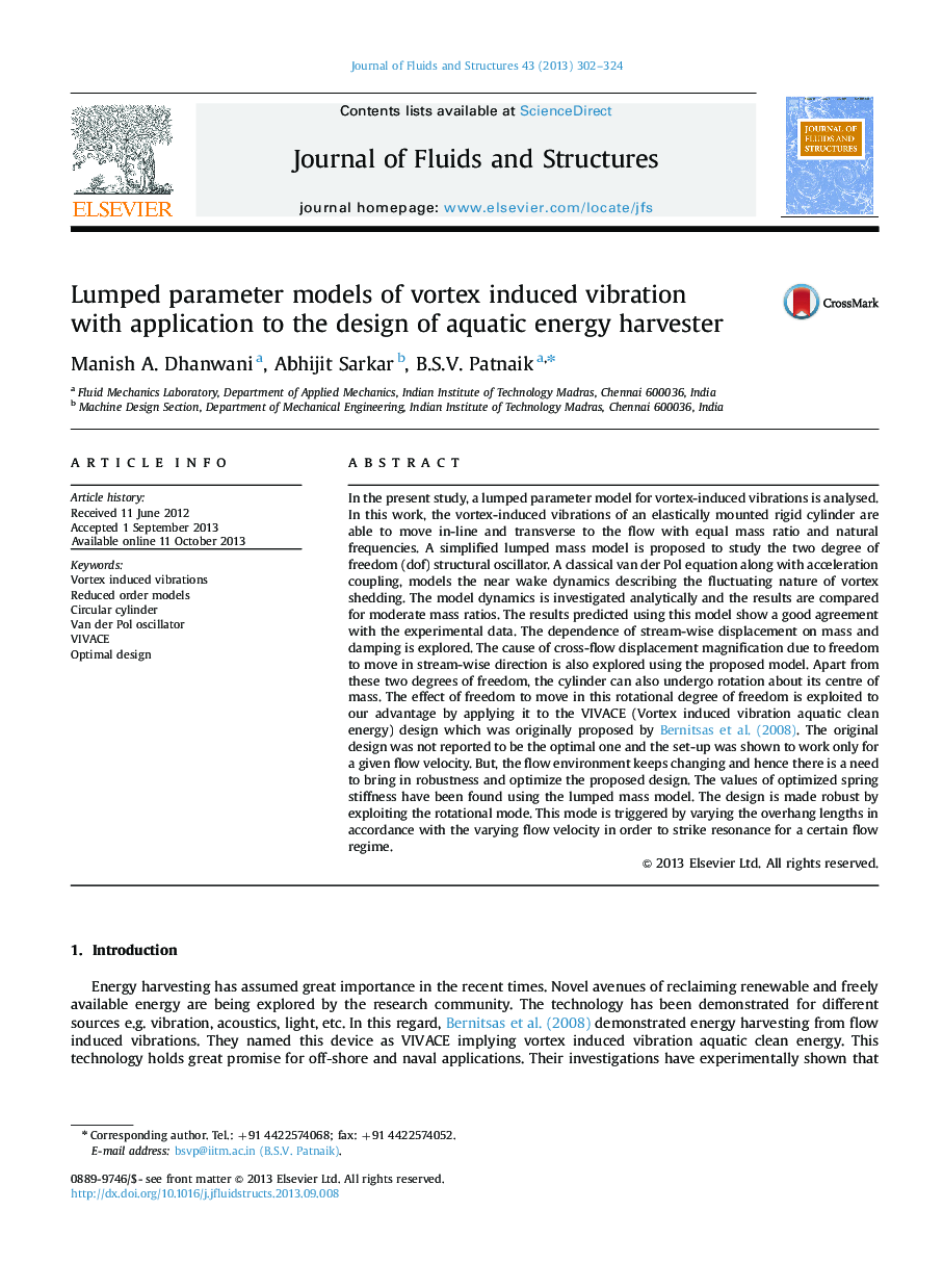 Lumped parameter models of vortex induced vibration with application to the design of aquatic energy harvester