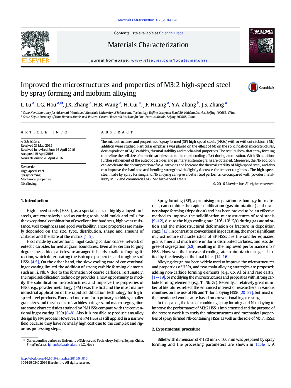 Improved the microstructures and properties of M3:2 high-speed steel by spray forming and niobium alloying