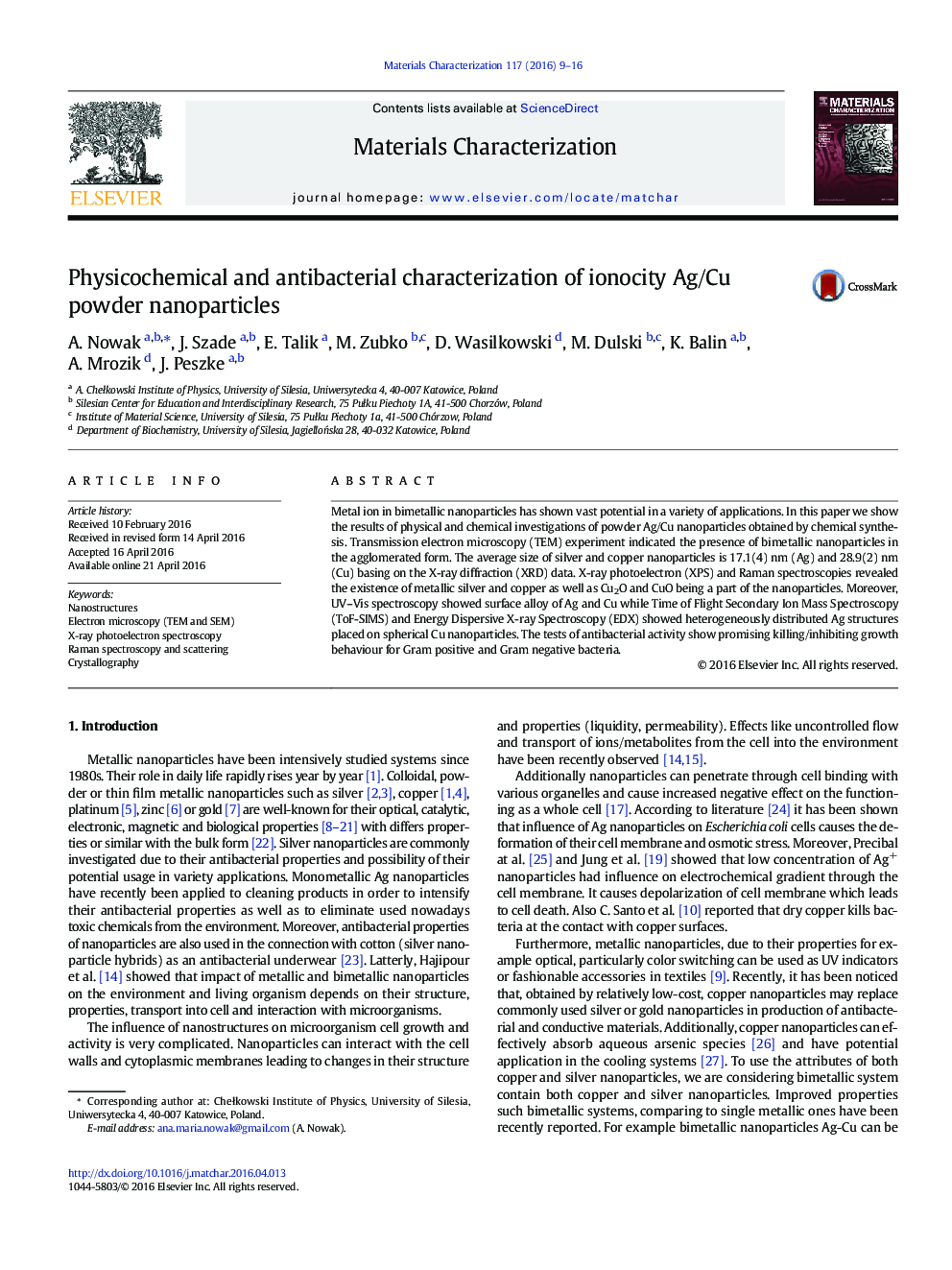 Physicochemical and antibacterial characterization of ionocity Ag/Cu powder nanoparticles