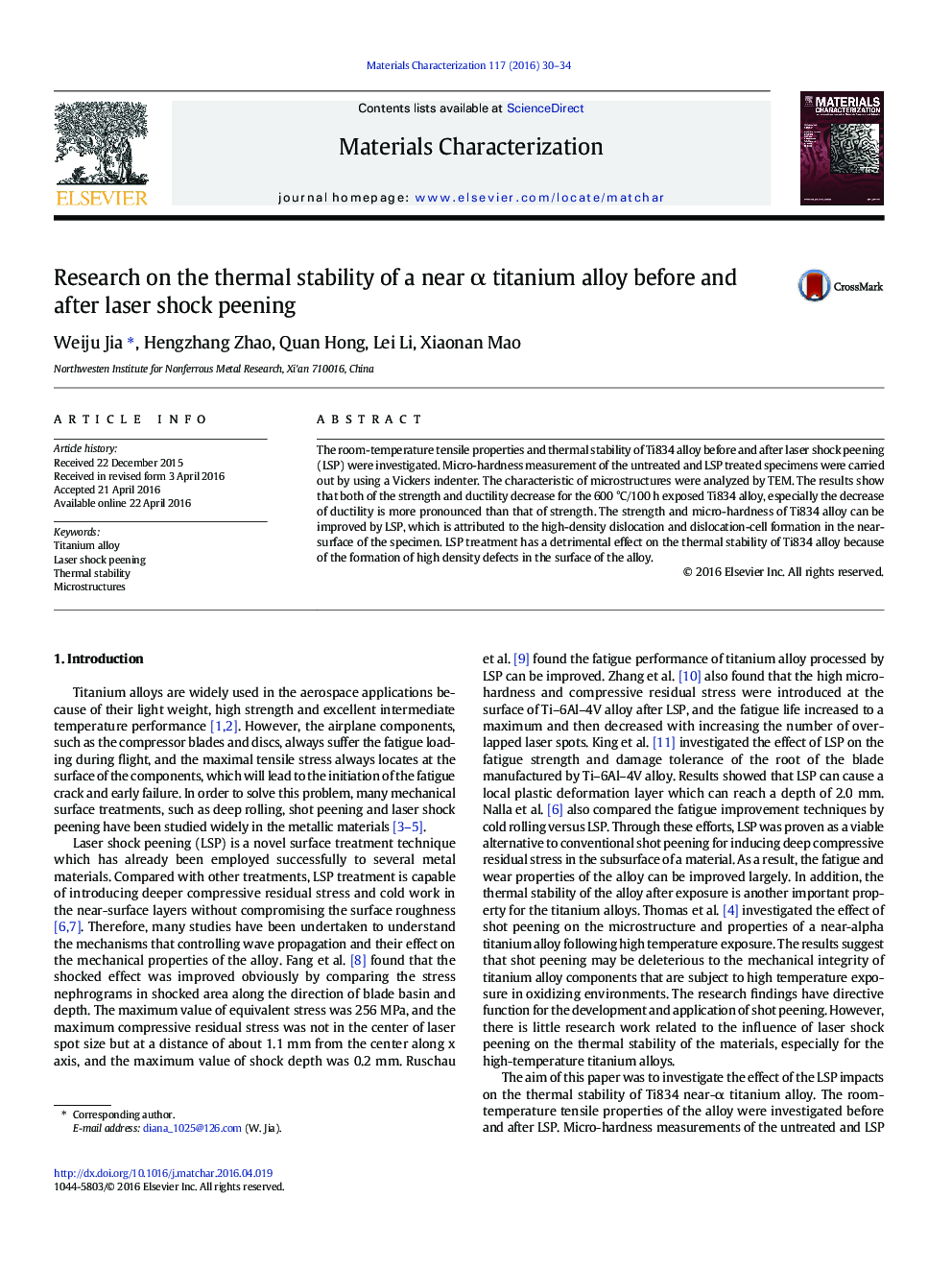 Research on the thermal stability of a near Î± titanium alloy before and after laser shock peening