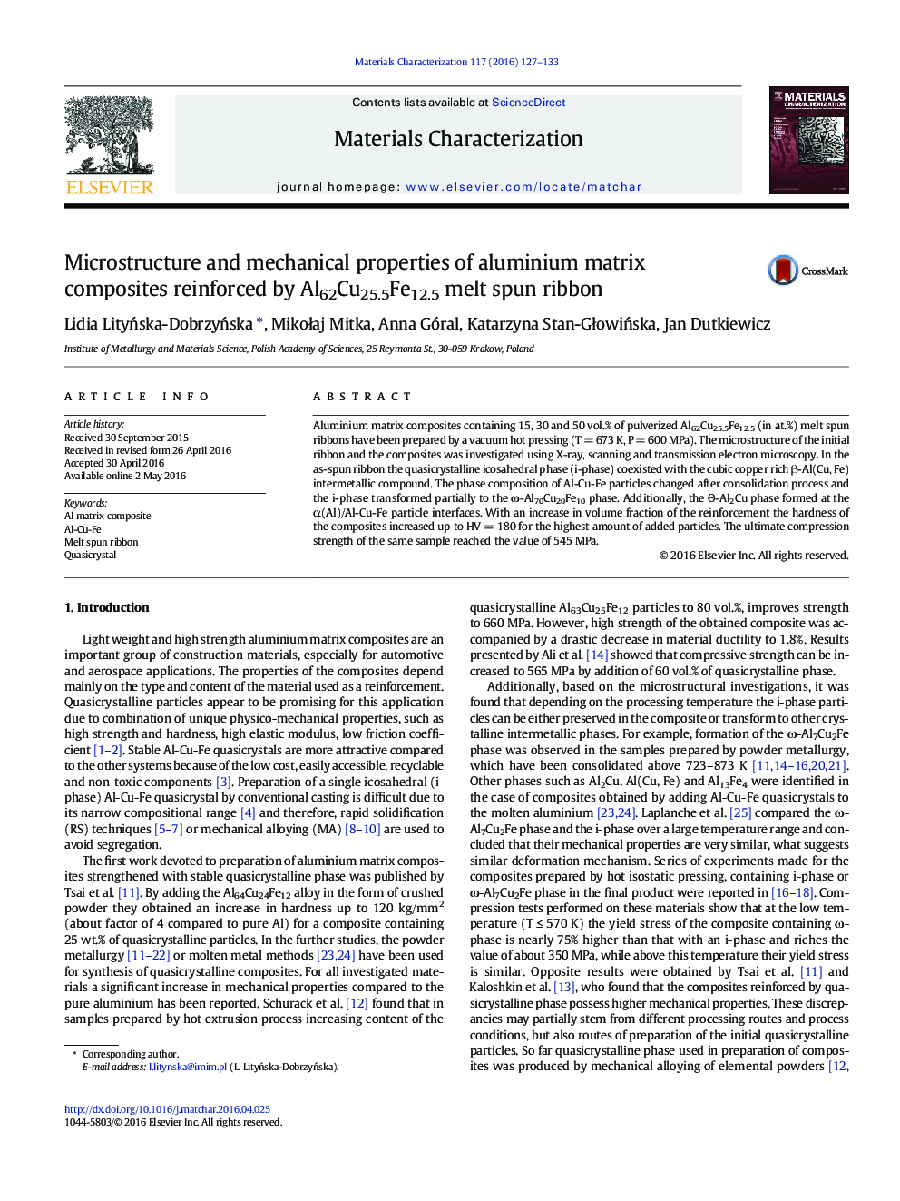 Microstructure and mechanical properties of aluminium matrix composites reinforced by Al62Cu25.5Fe12.5 melt spun ribbon