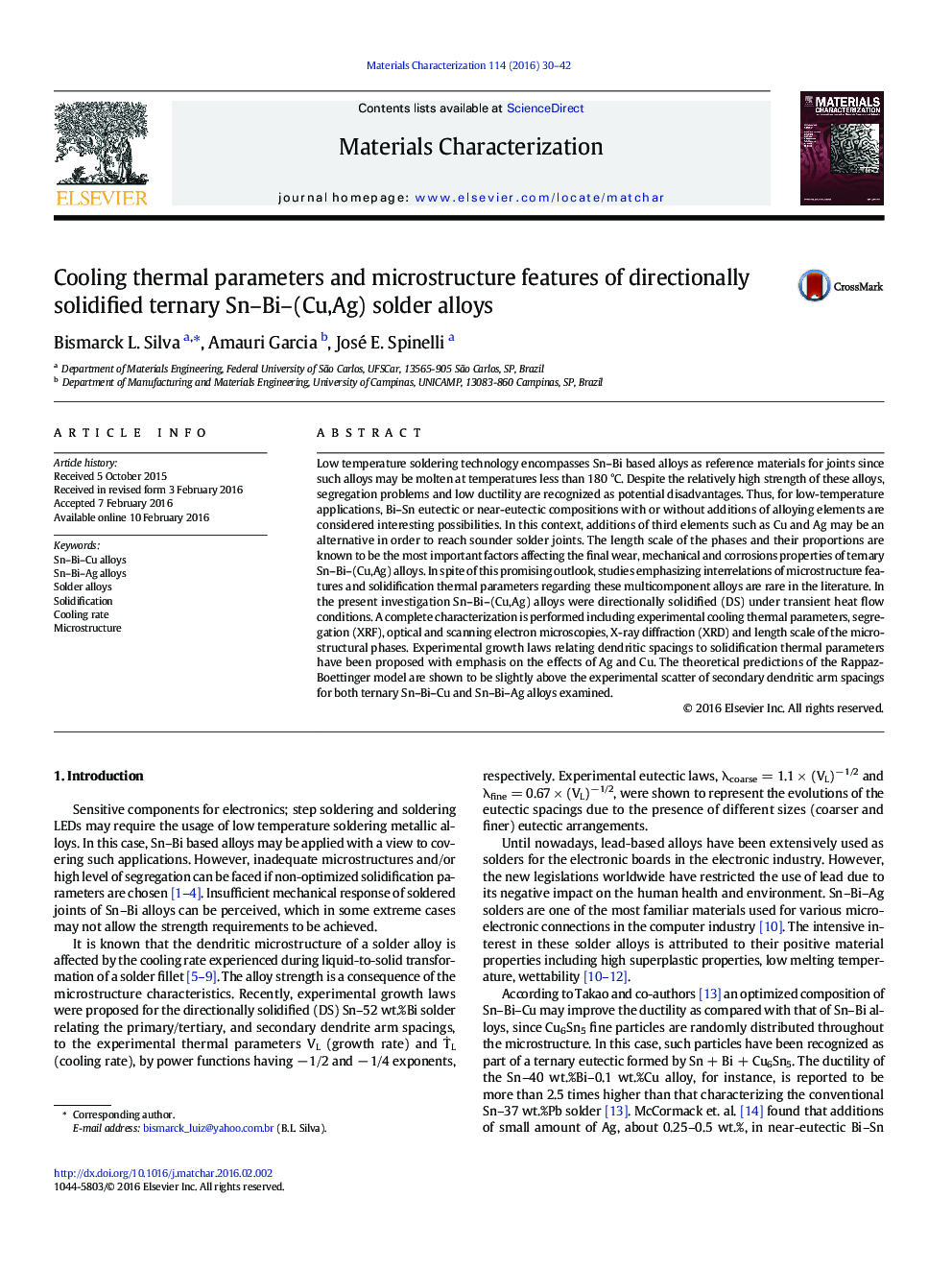 Cooling thermal parameters and microstructure features of directionally solidified ternary Sn-Bi-(Cu,Ag) solder alloys