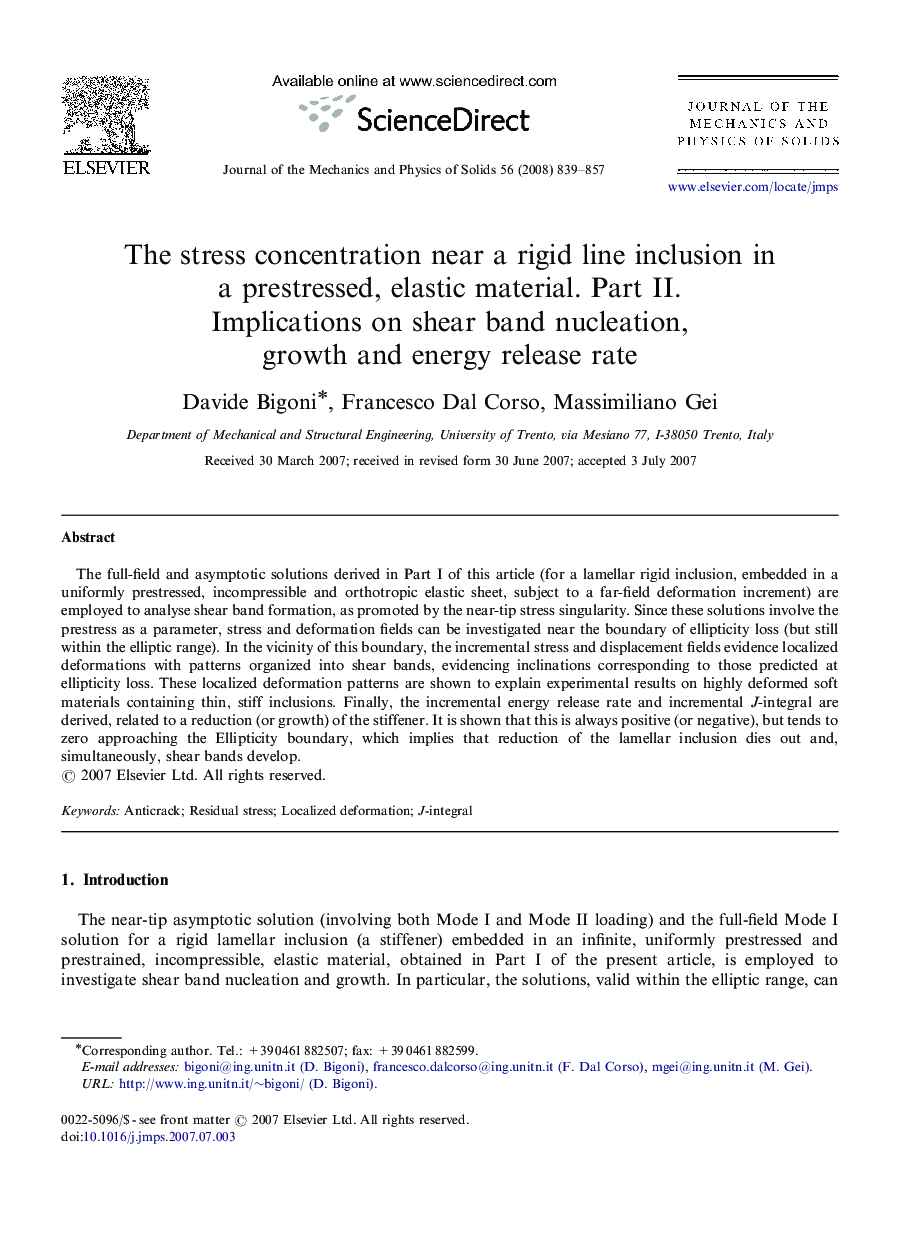 The stress concentration near a rigid line inclusion in a prestressed, elastic material. Part II.: Implications on shear band nucleation, growth and energy release rate