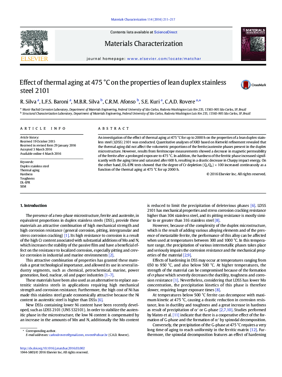 Effect of thermal aging at 475Â Â°C on the properties of lean duplex stainless steel 2101