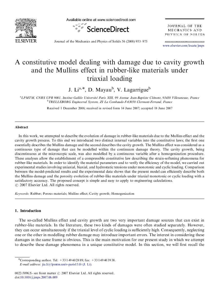 A constitutive model dealing with damage due to cavity growth and the Mullins effect in rubber-like materials under triaxial loading