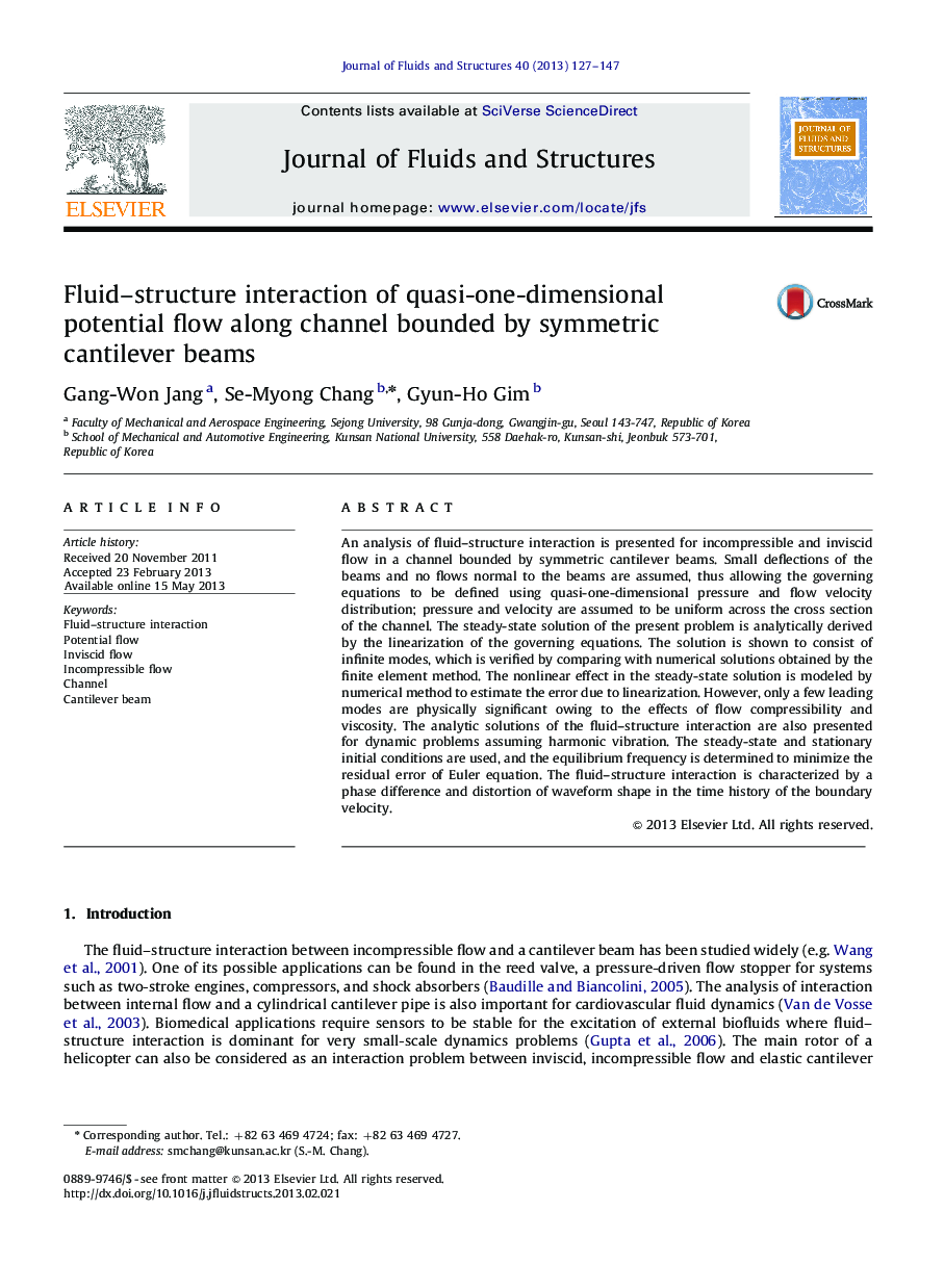 Fluid–structure interaction of quasi-one-dimensional potential flow along channel bounded by symmetric cantilever beams