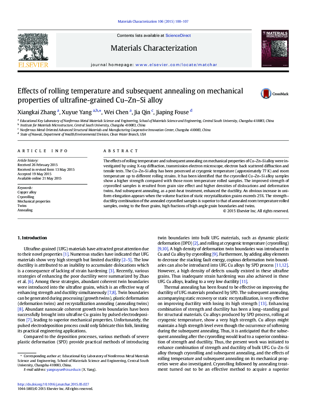 Effects of rolling temperature and subsequent annealing on mechanical properties of ultrafine-grained Cu-Zn-Si alloy