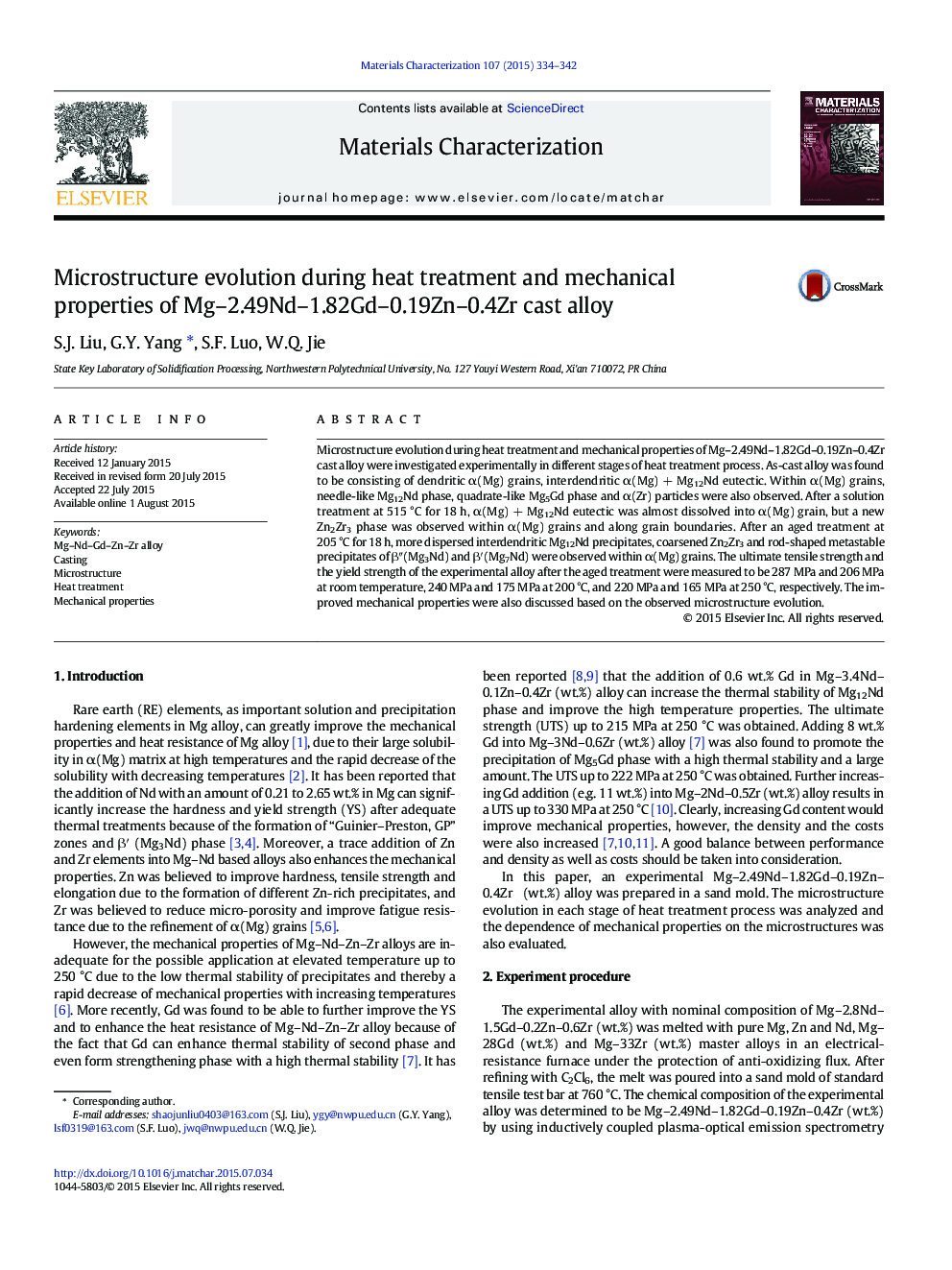 Microstructure evolution during heat treatment and mechanical properties of Mg-2.49Nd-1.82Gd-0.19Zn-0.4Zr cast alloy