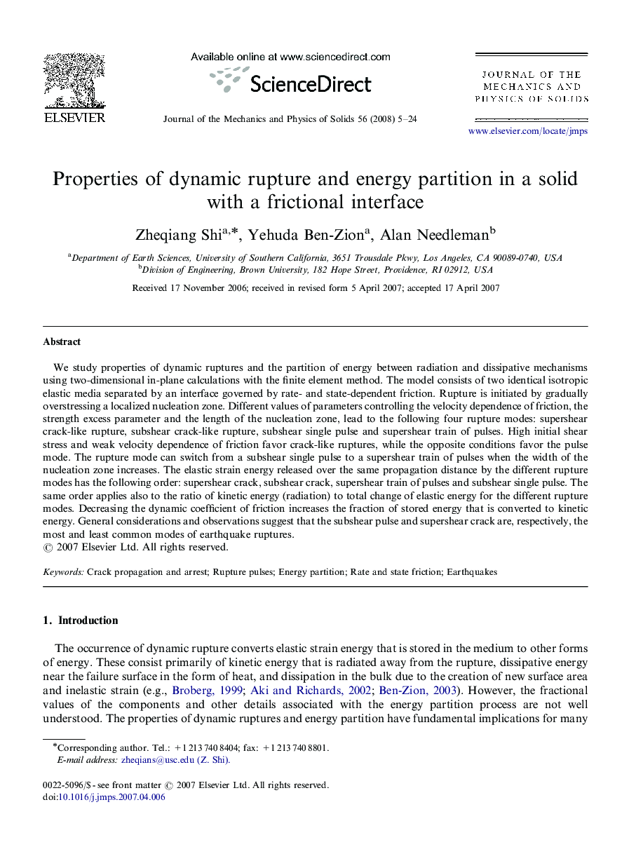 Properties of dynamic rupture and energy partition in a solid with a frictional interface