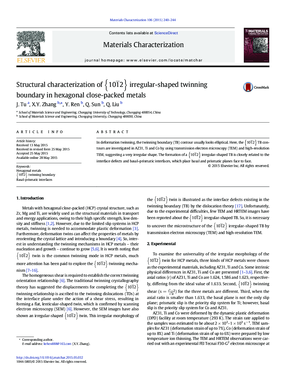 Structural characterization of 101Â¯2 irregular-shaped twinning boundary in hexagonal close-packed metals